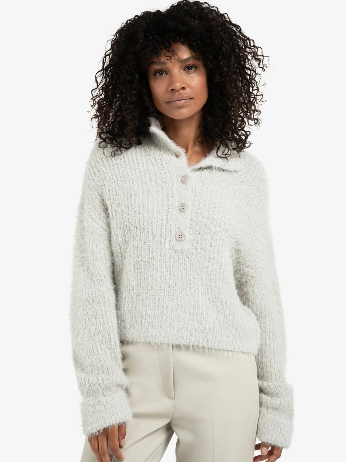 YAYA Fluffy Cropped Sweater With Stand Up Collar - Glebe Fashion