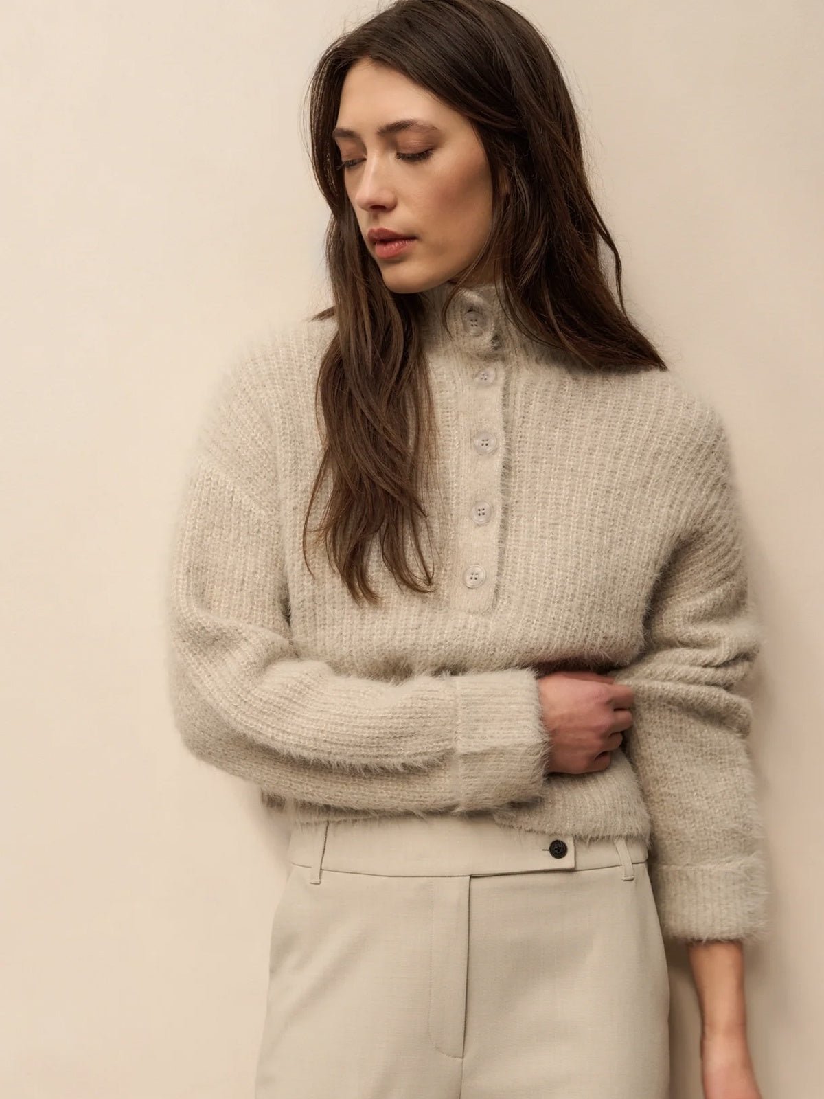 YAYA Fluffy Cropped Sweater With Stand Up Collar - Glebe Fashion