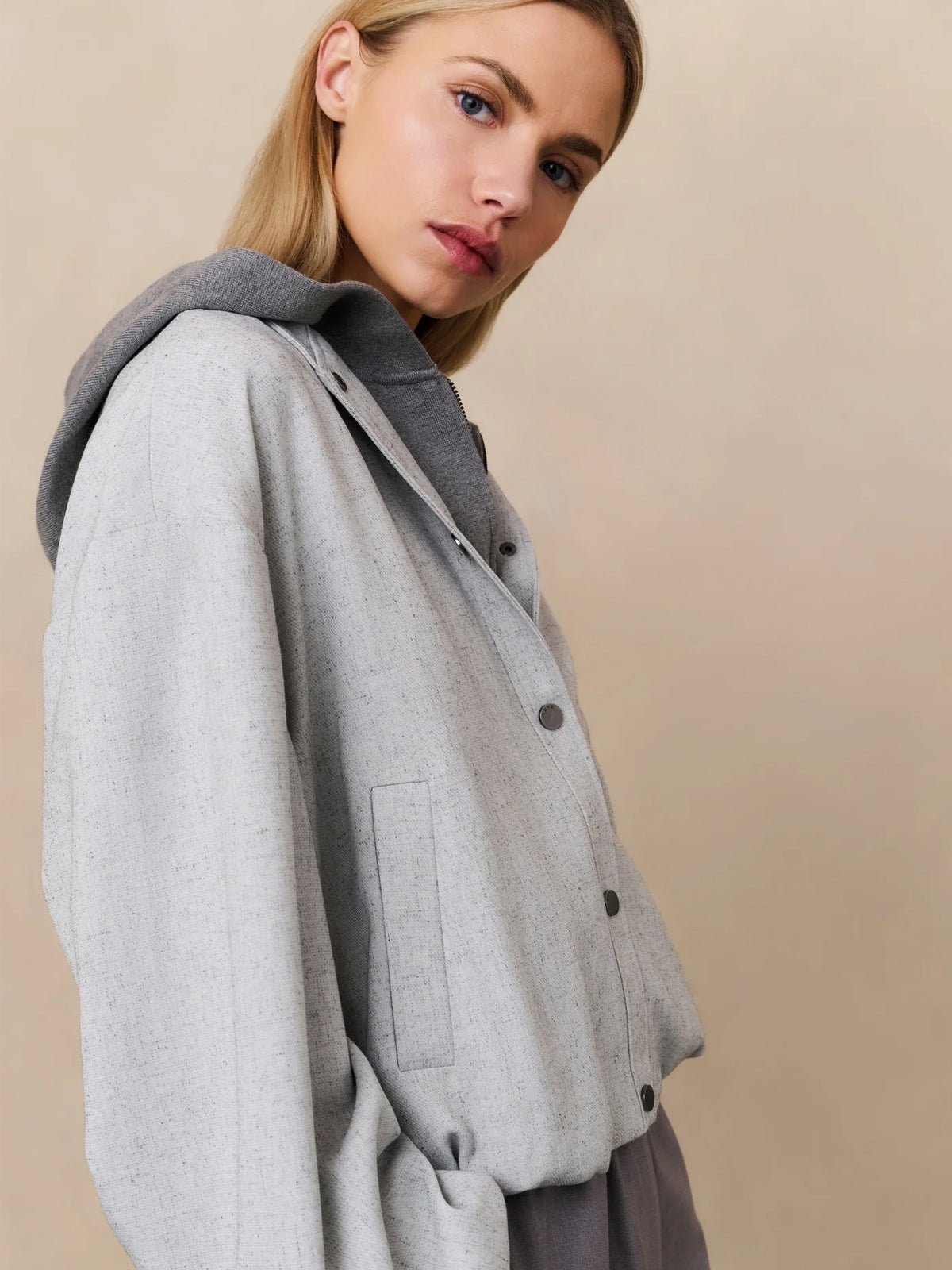 YAYA Jacket With Balloon Shape And Snap Buttons Grey - Glebe Fashion