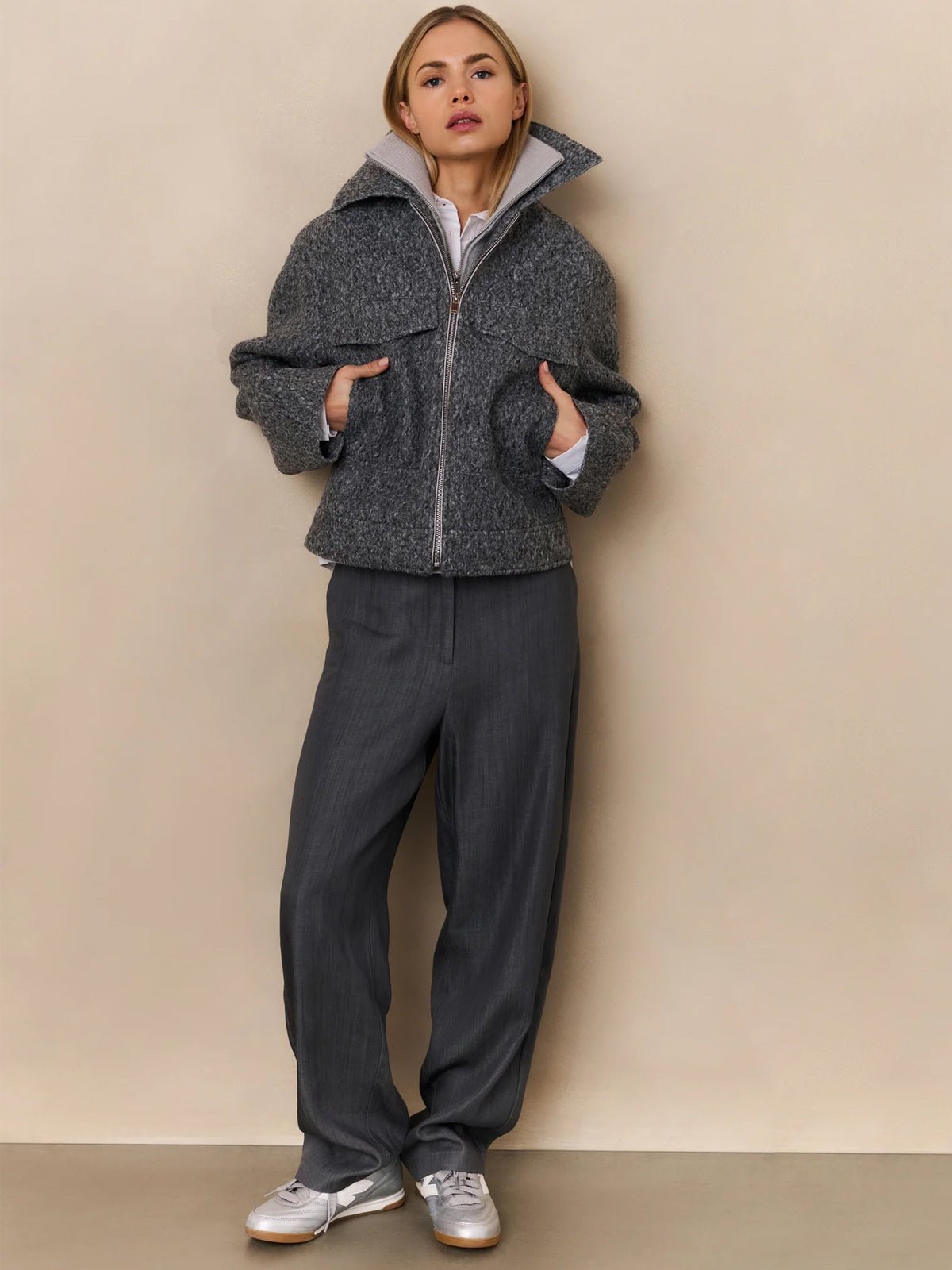 YAYA Short Boucle Jacket Light Grey - Glebe Fashion