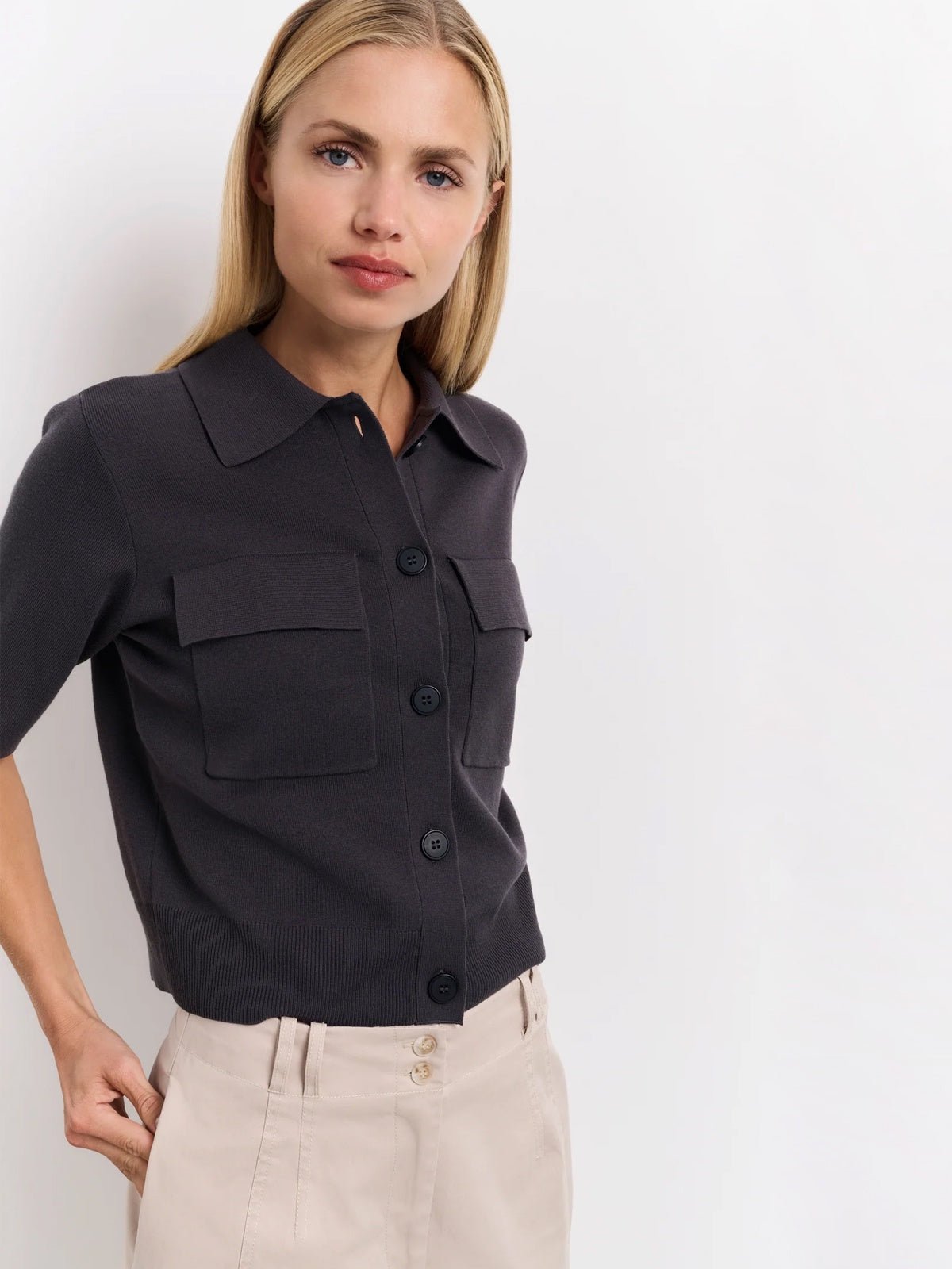 YAYA Short Sleeve Cardigan With Chest Pockets Phantom Grey - Glebe Fashion