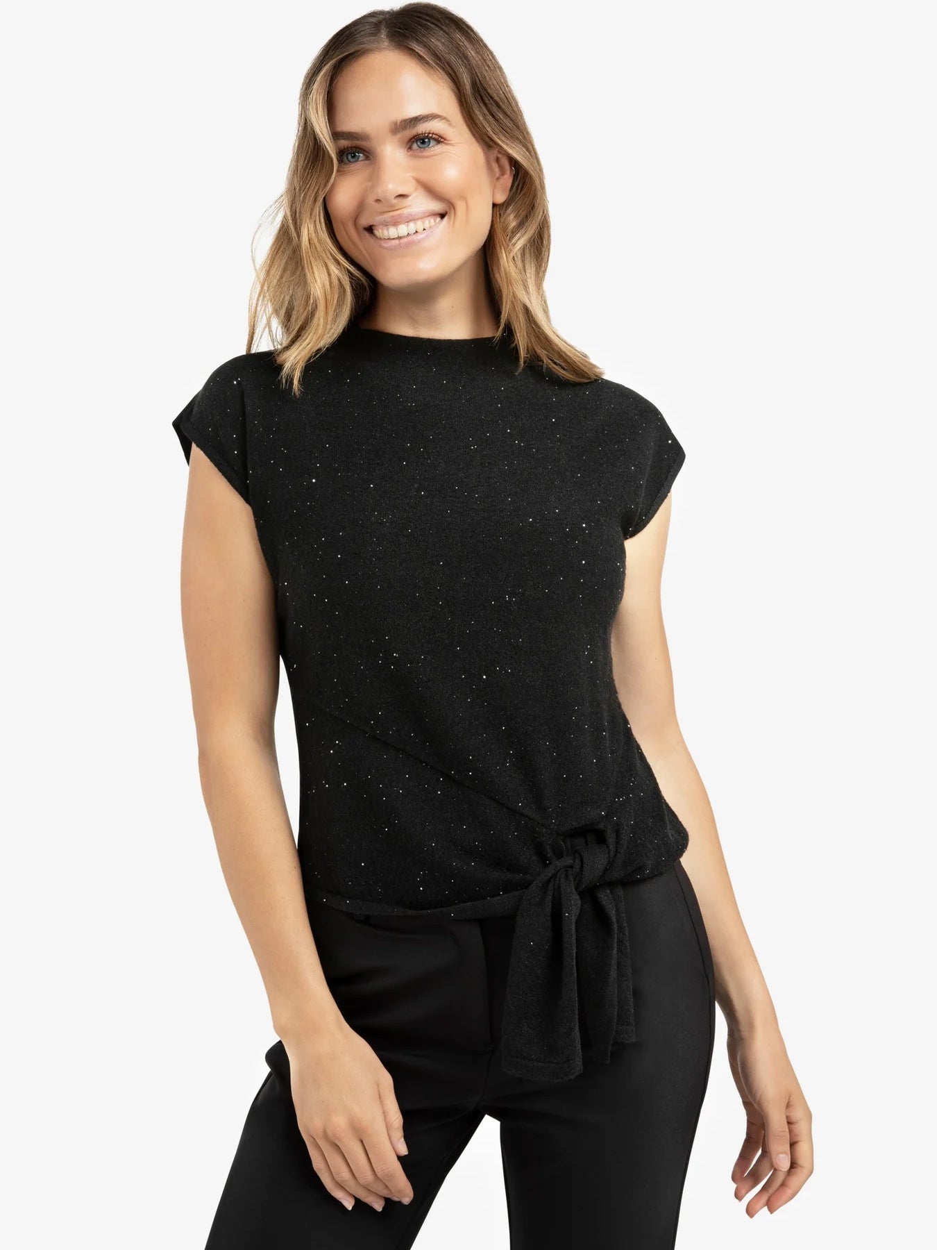 YAYA Sleeveless Sequin Sweater With Knot Detail Black - Glebe Fashion