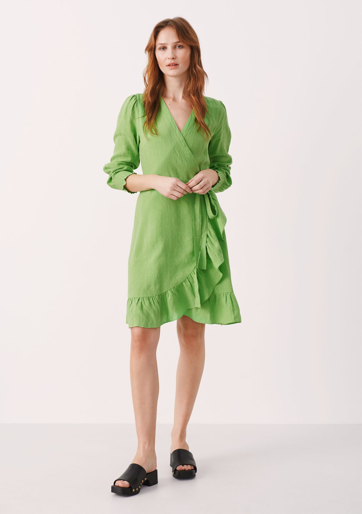 Part Two Sol Linen Wrap Dress Green - Glebe Fashion