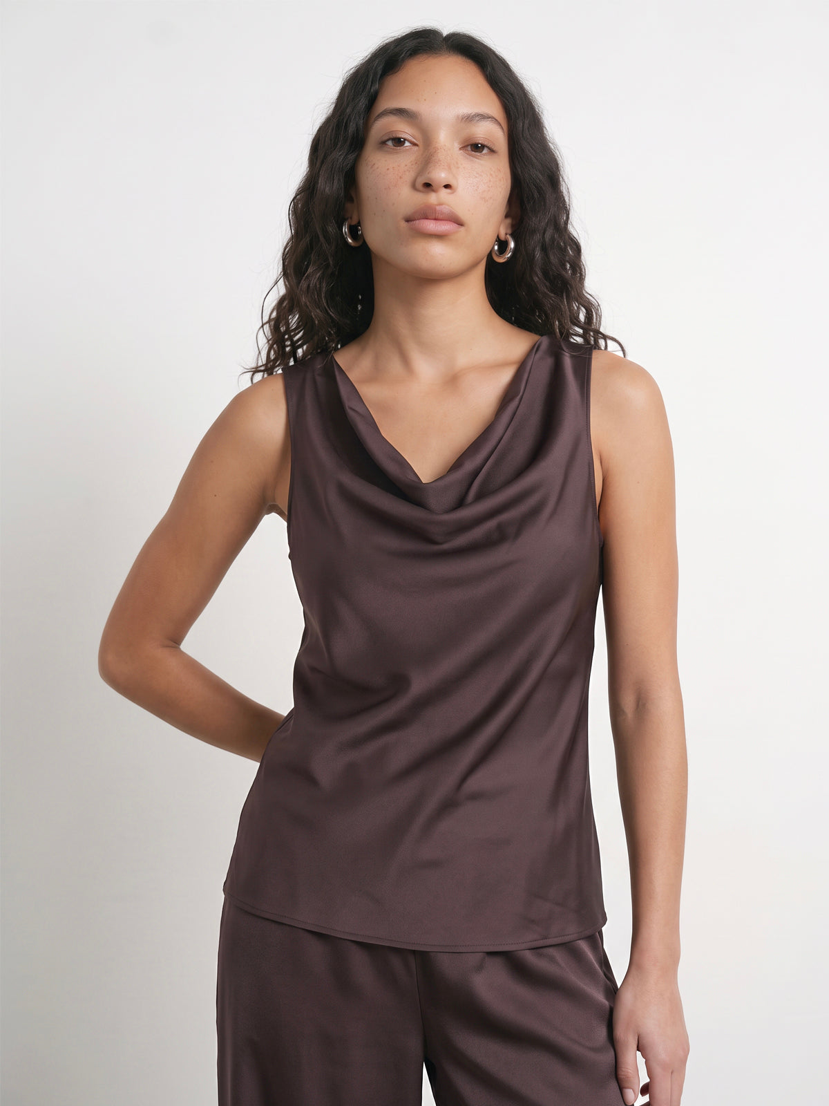 HPDP Satin Cowl Neck Top Chocolate Brown