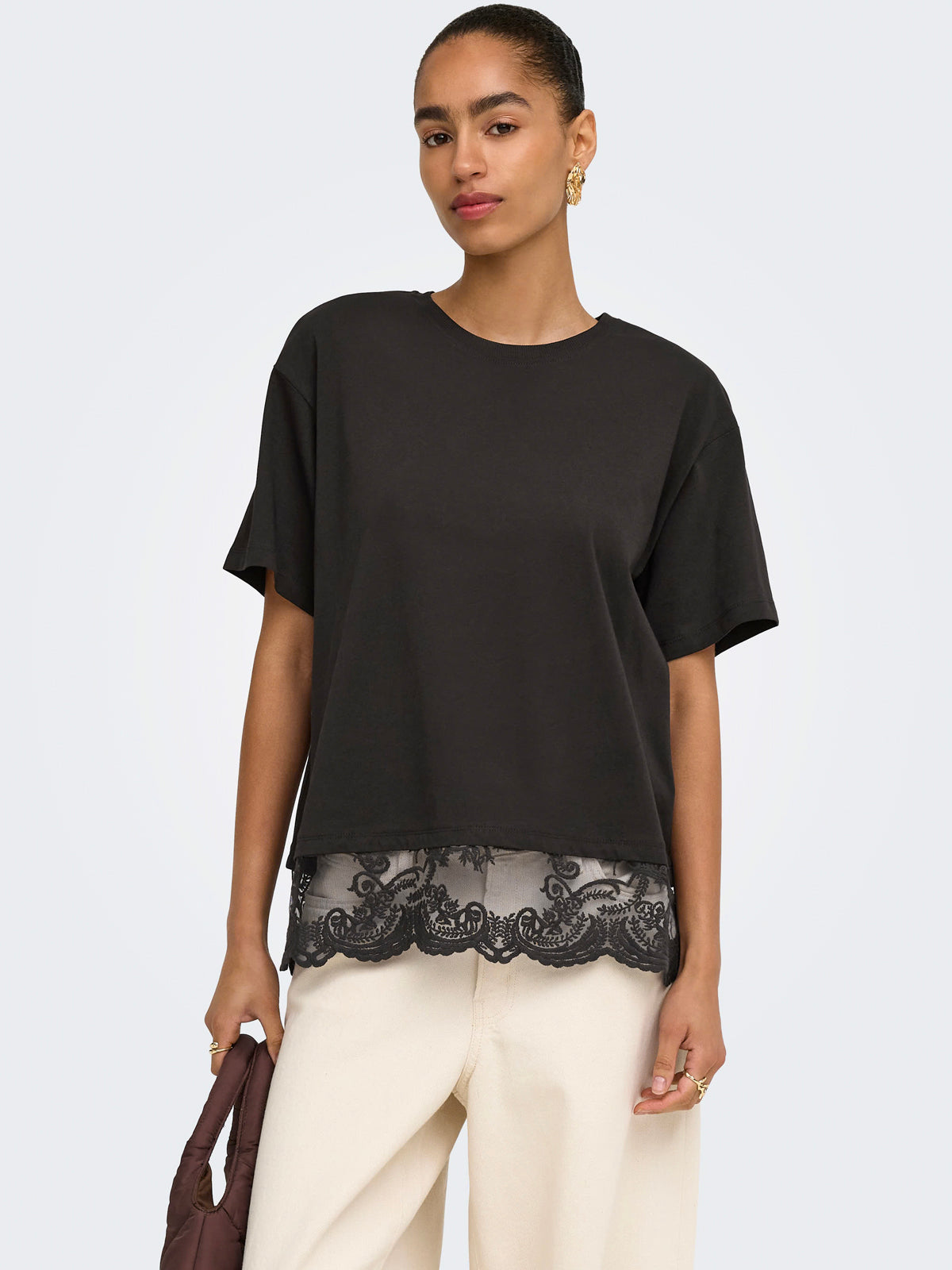 Lace Trim T-Shirt Chocolate