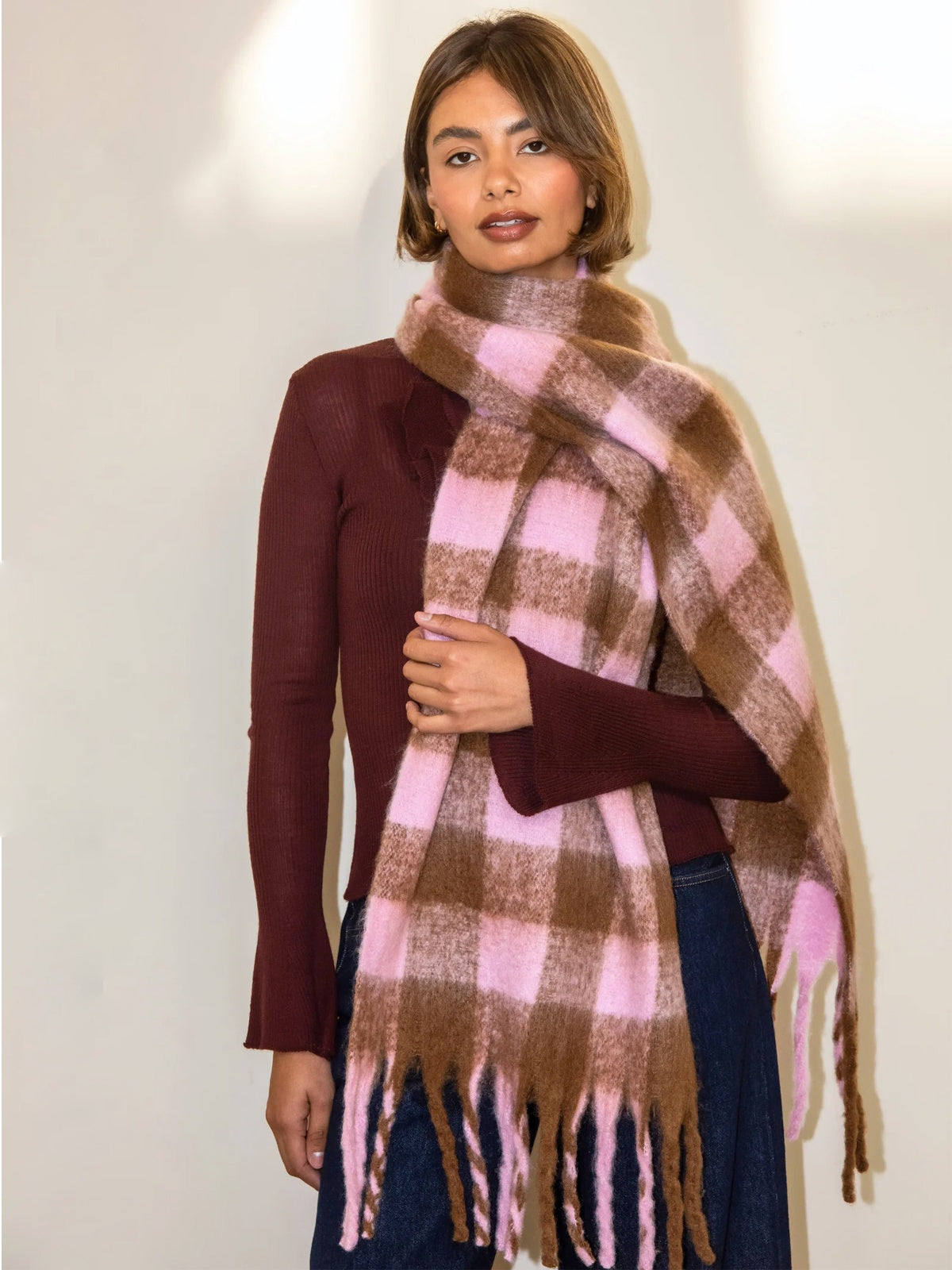 Lenie Checked Blanket Scarf Pink & Brown