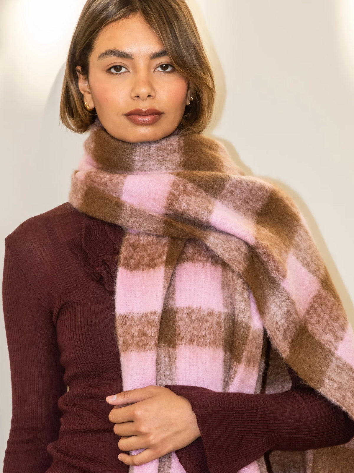 Lenie Checked Blanket Scarf Pink & Brown