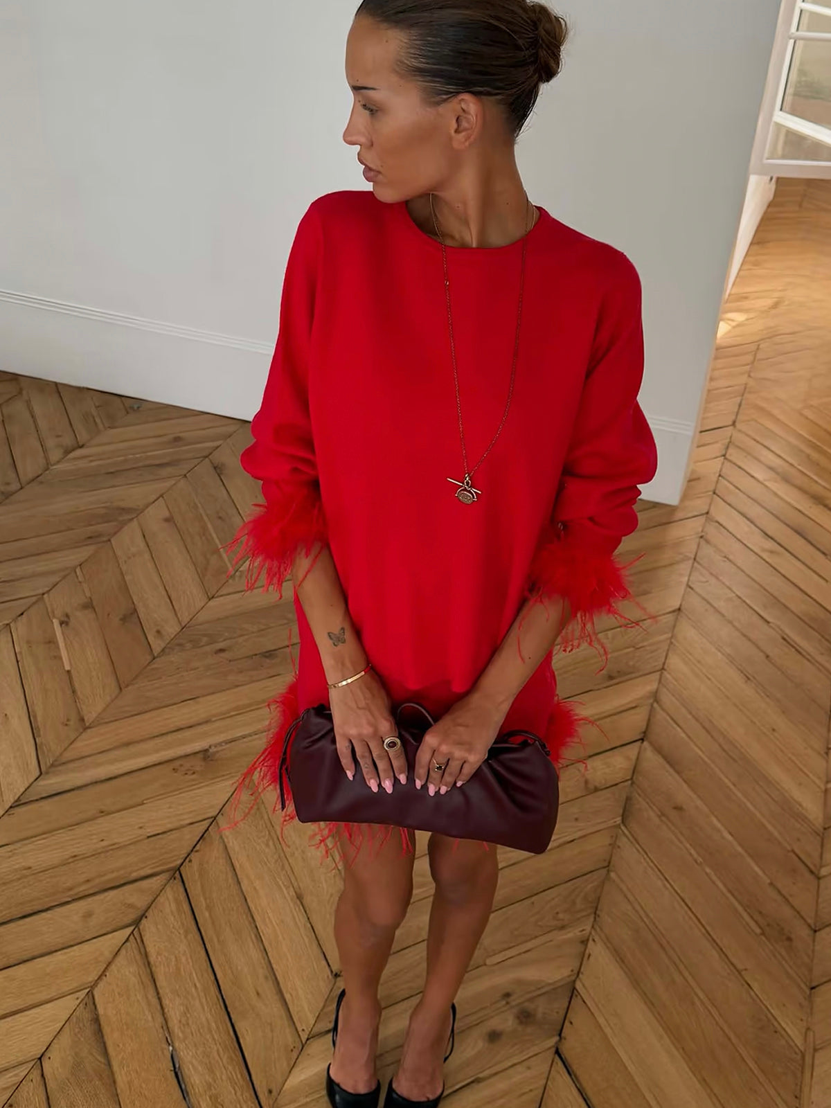 Never Fully Dressed Red Feather Jumper