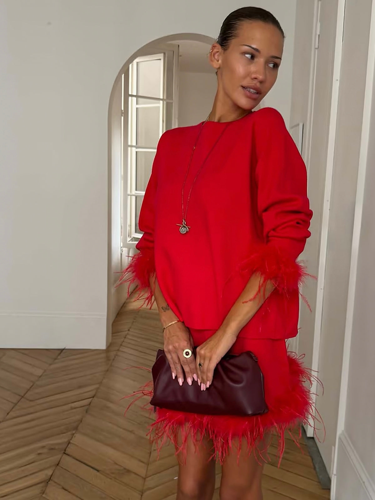 Never Fully Dressed Red Feather Jumper