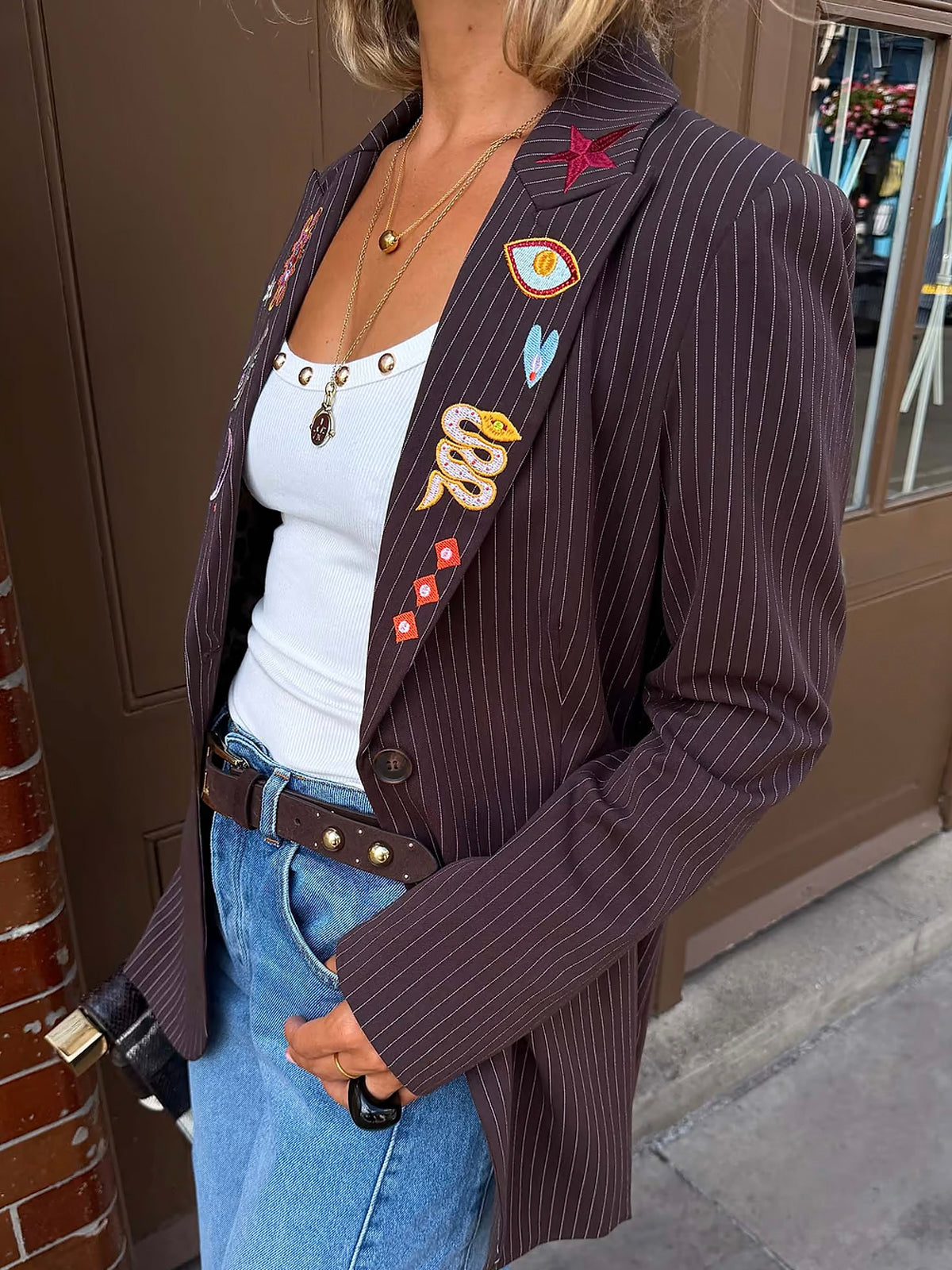 Never Fully Dressed Chocolate Taylor Pinstripe Blazer
