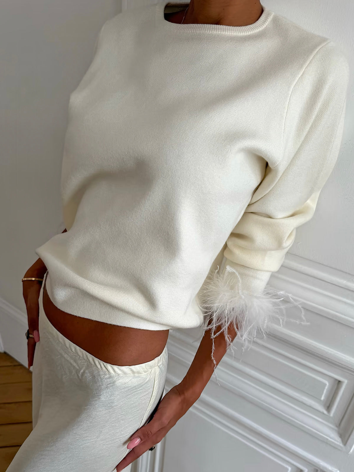 Never Fully Dressed Cream Feather Cuff Jumper
