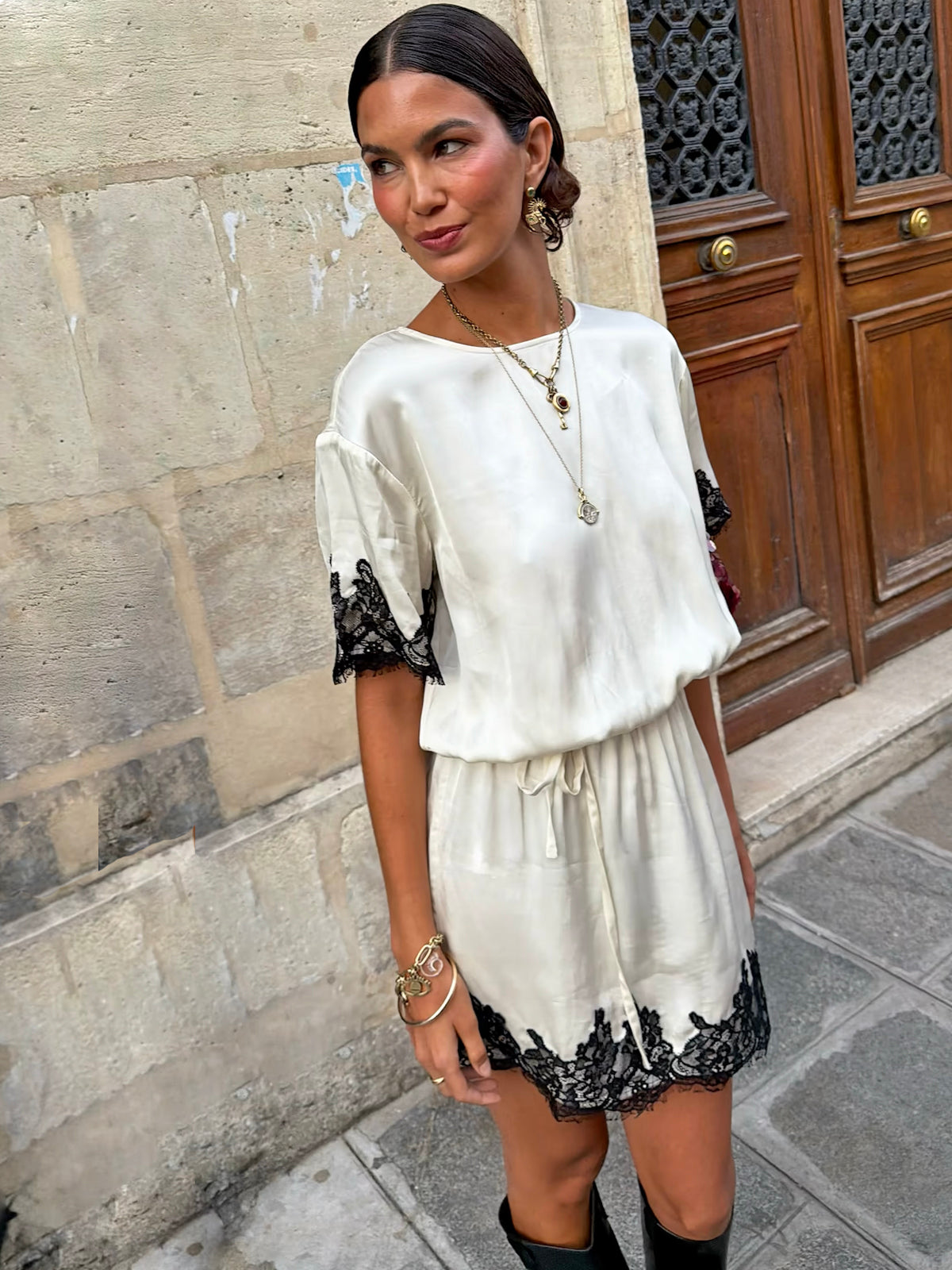 Never Fully Dressed Cream & Black Lace T-Shirt Dress