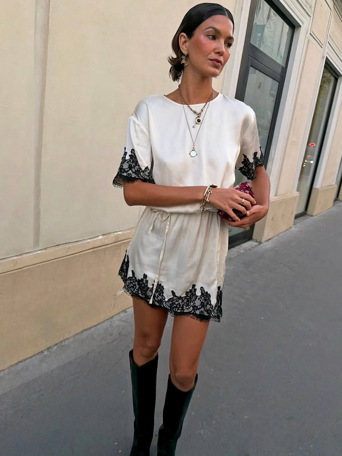 Never Fully Dressed Cream & Black Lace T-Shirt Dress