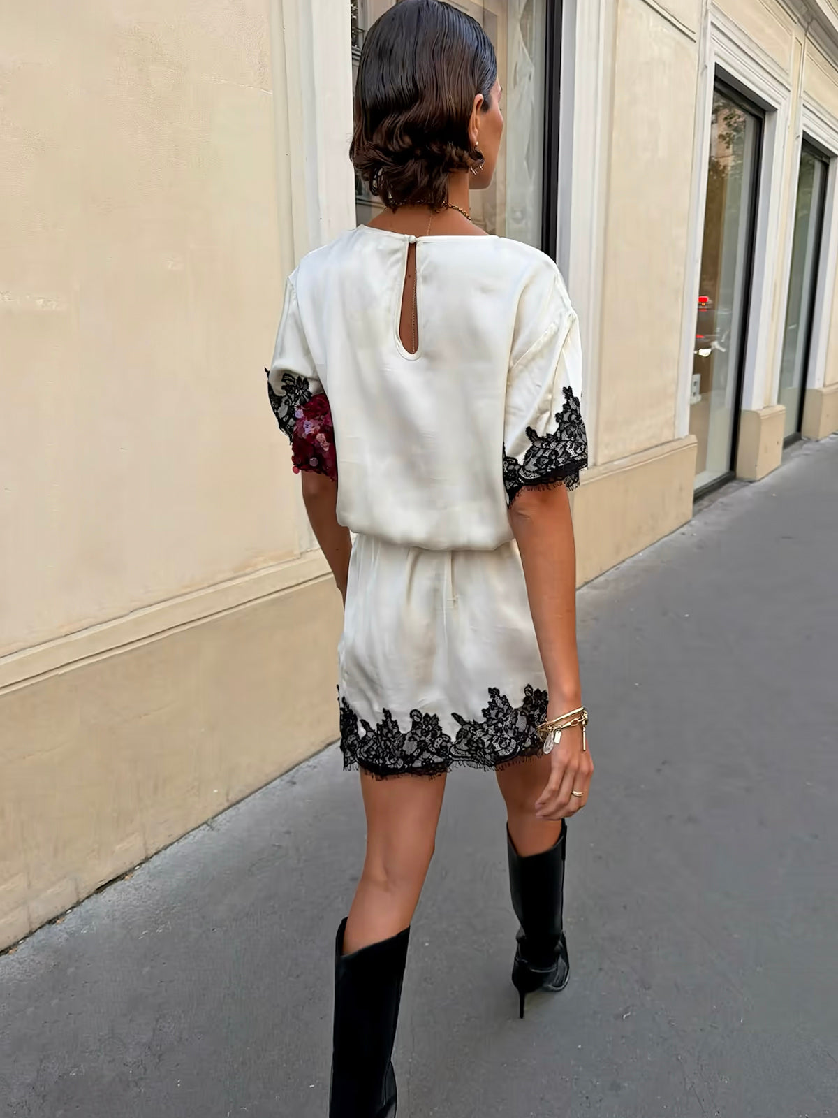 Never Fully Dressed Cream & Black Lace T-Shirt Dress