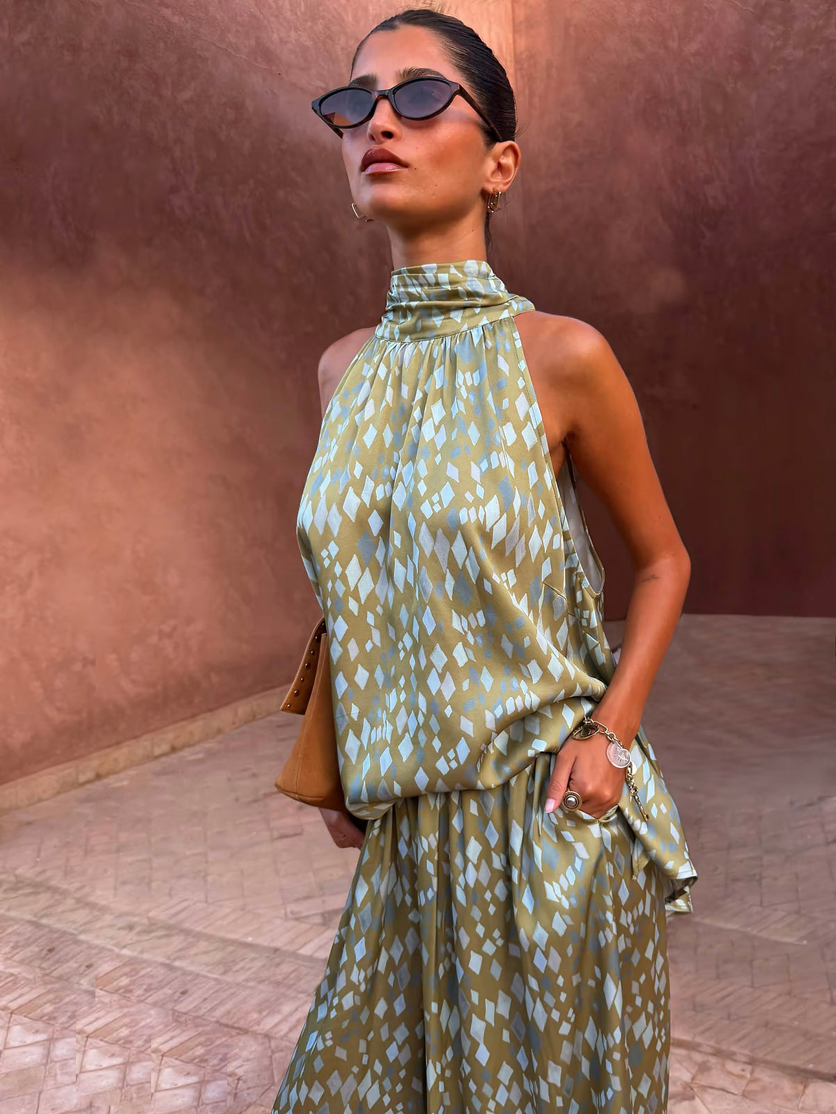Never Fully Dressed Green Diamond Print Halter Top