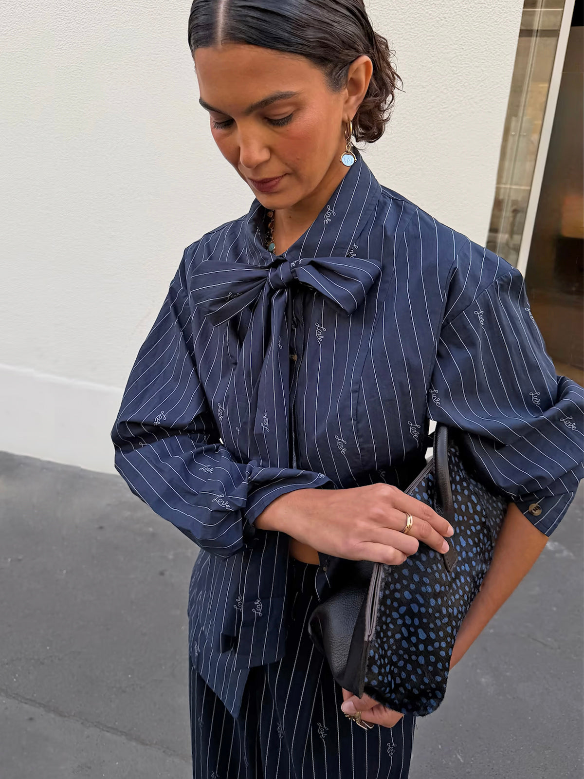 Never Fully Dressed Navy Stripe Bow Shirt