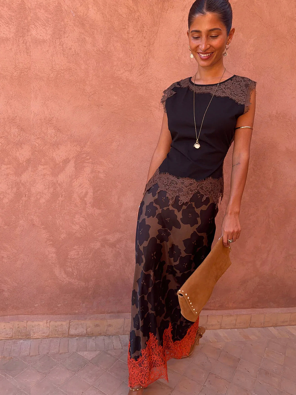 Never Fully Dressed Tan Jaden Floral Midi Meava Midi Skirt