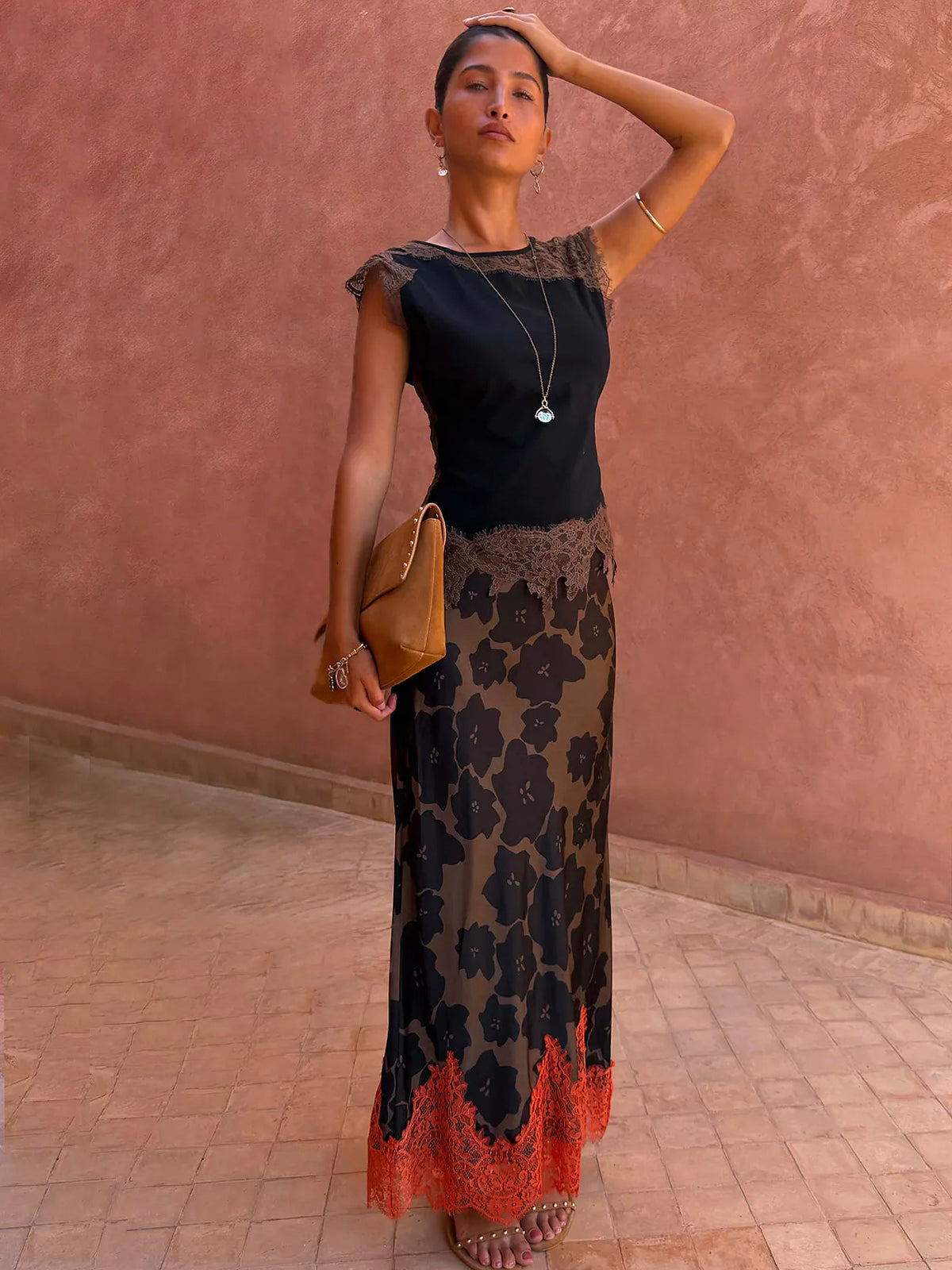Never Fully Dressed Tan Jaden Floral Midi Meava Midi Skirt