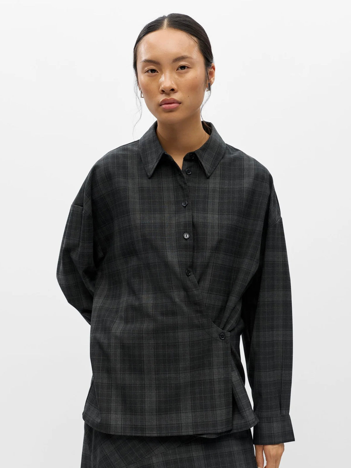 Wrap Front Checked Shirt Grey