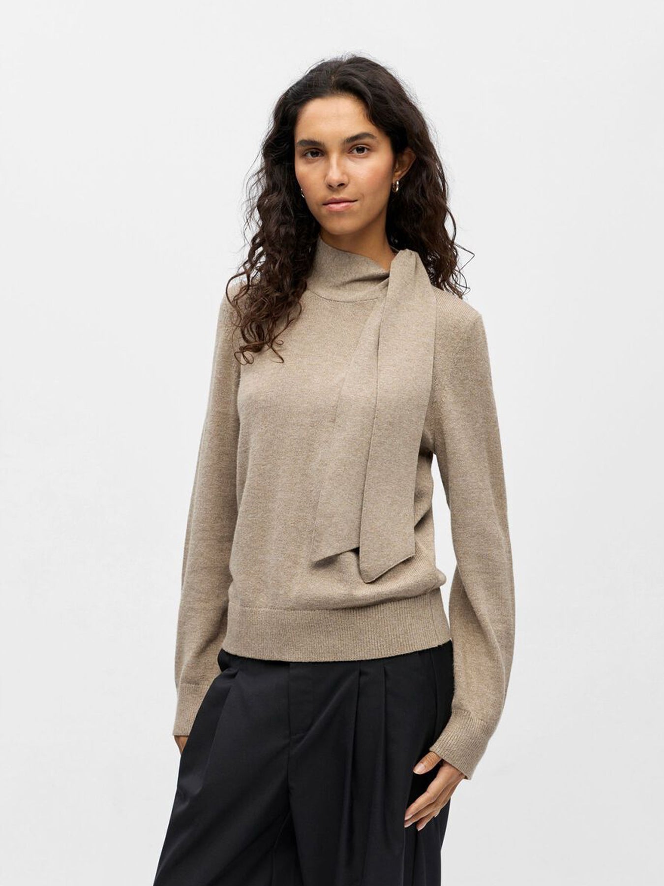 Object Neck Tie Knit Pullover Dessert Taupe