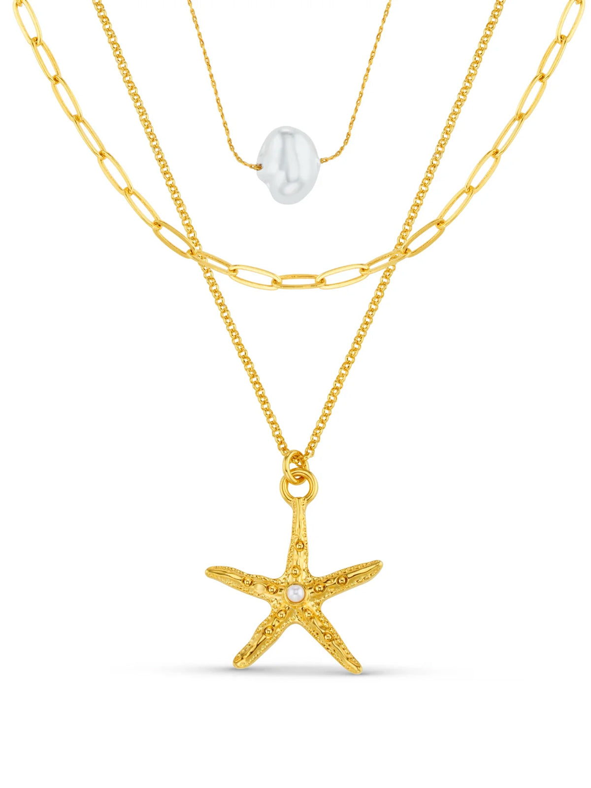 Orelia Starfish & Pearl 3 Row Necklace