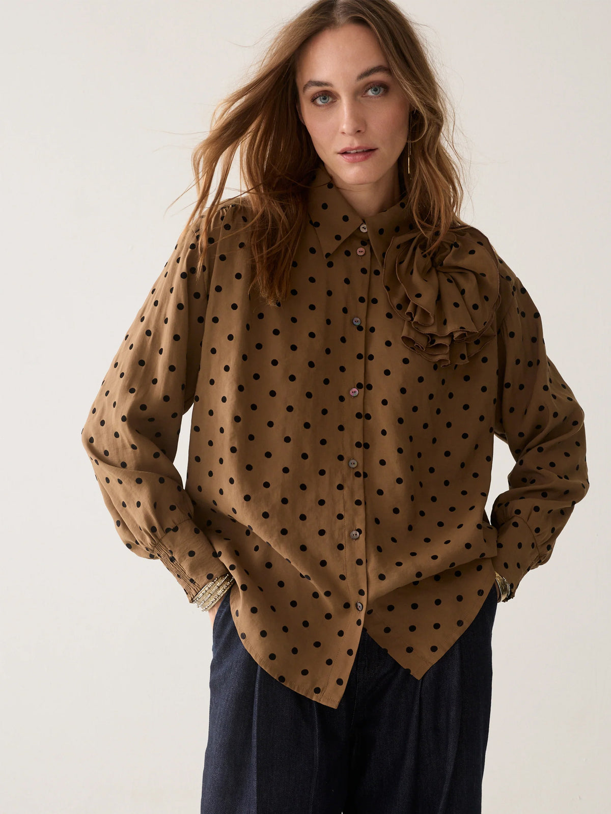 Summum Blouse With Flock Polka Dot Print Brown