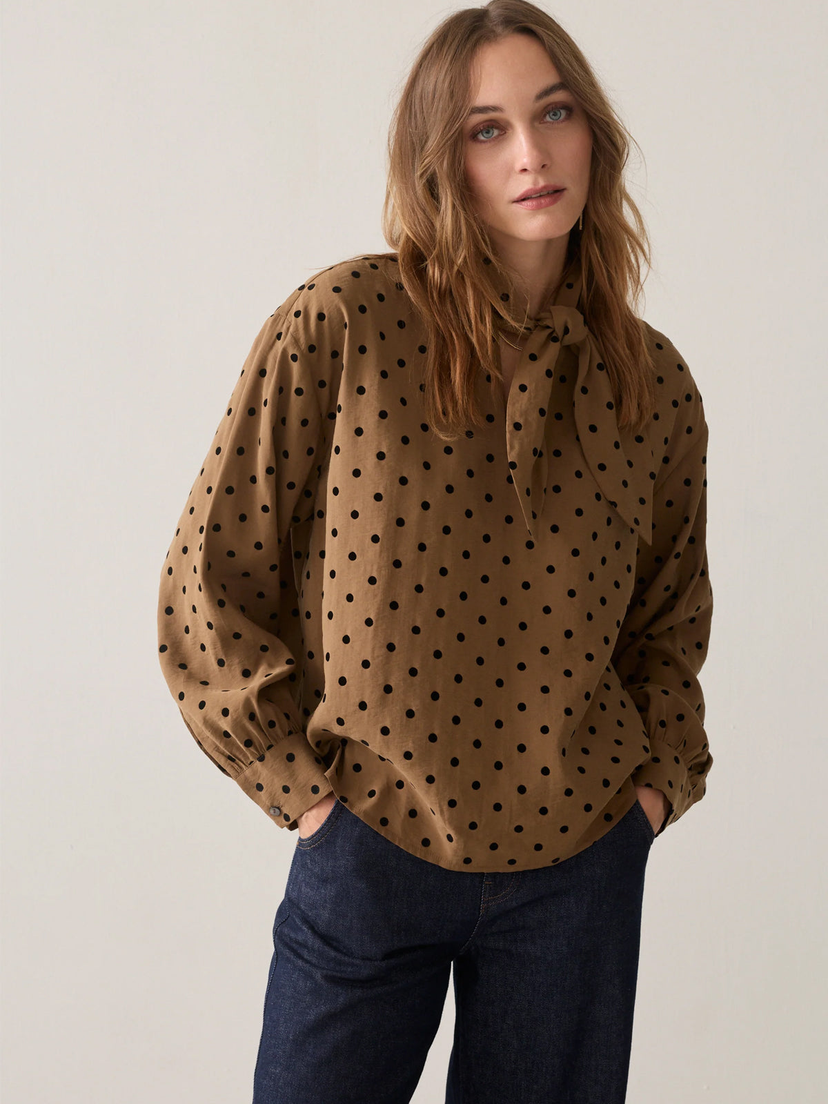 Summum Boxy Top With Flock Polka Dot Print Brown