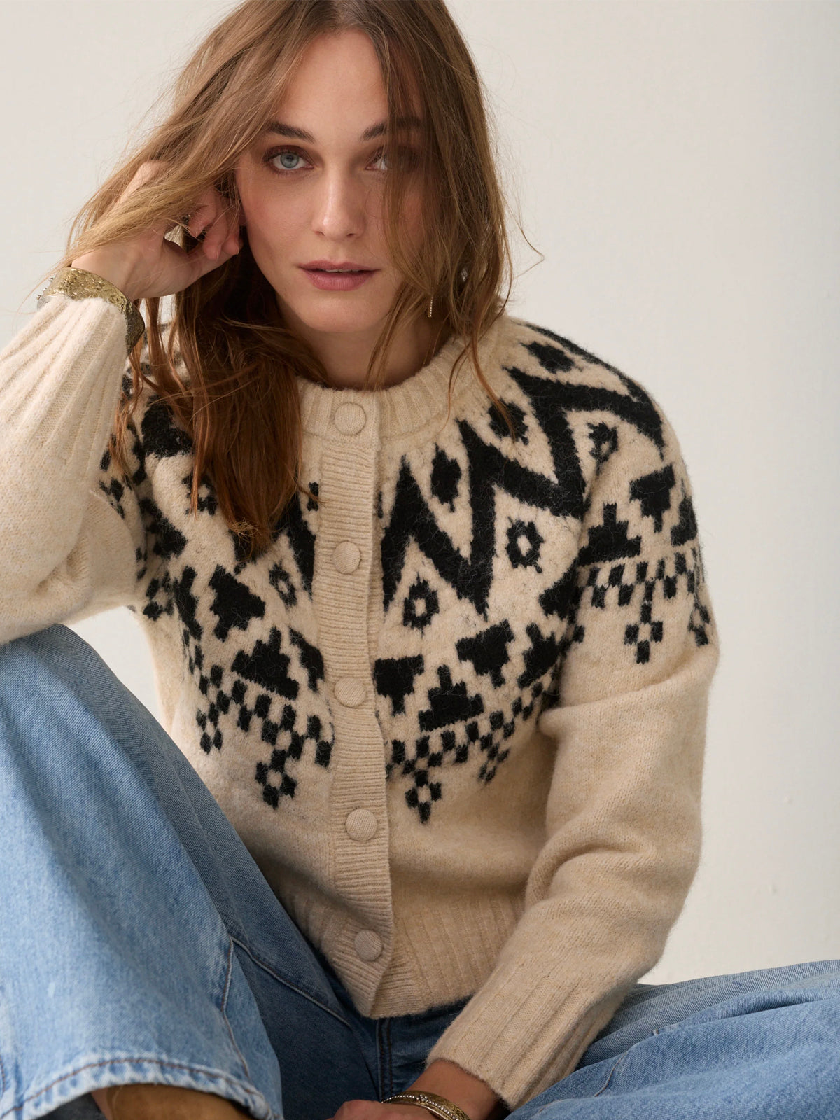 Summum Fair Isle Knit Cardigan Creme