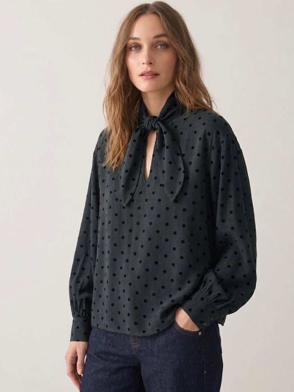 Summum Boxy Top With Flock Polka Dot Black