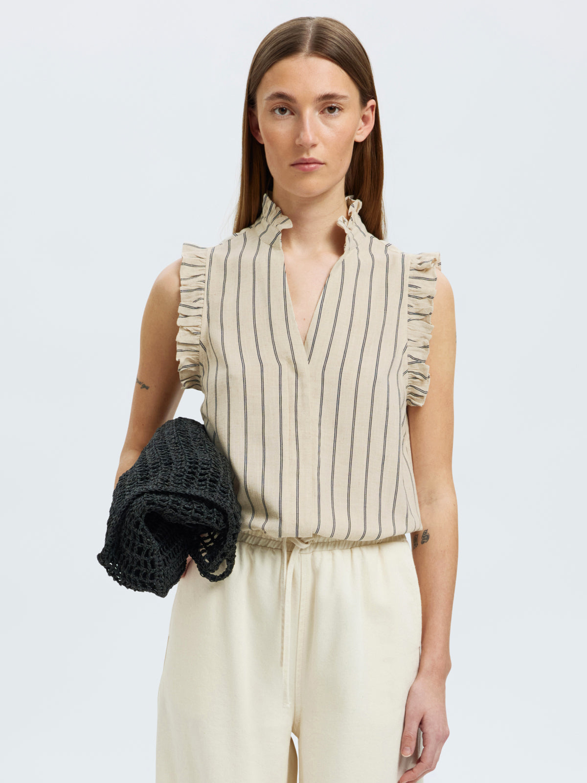 Selected Femme Ruffle Detail Top Stripe