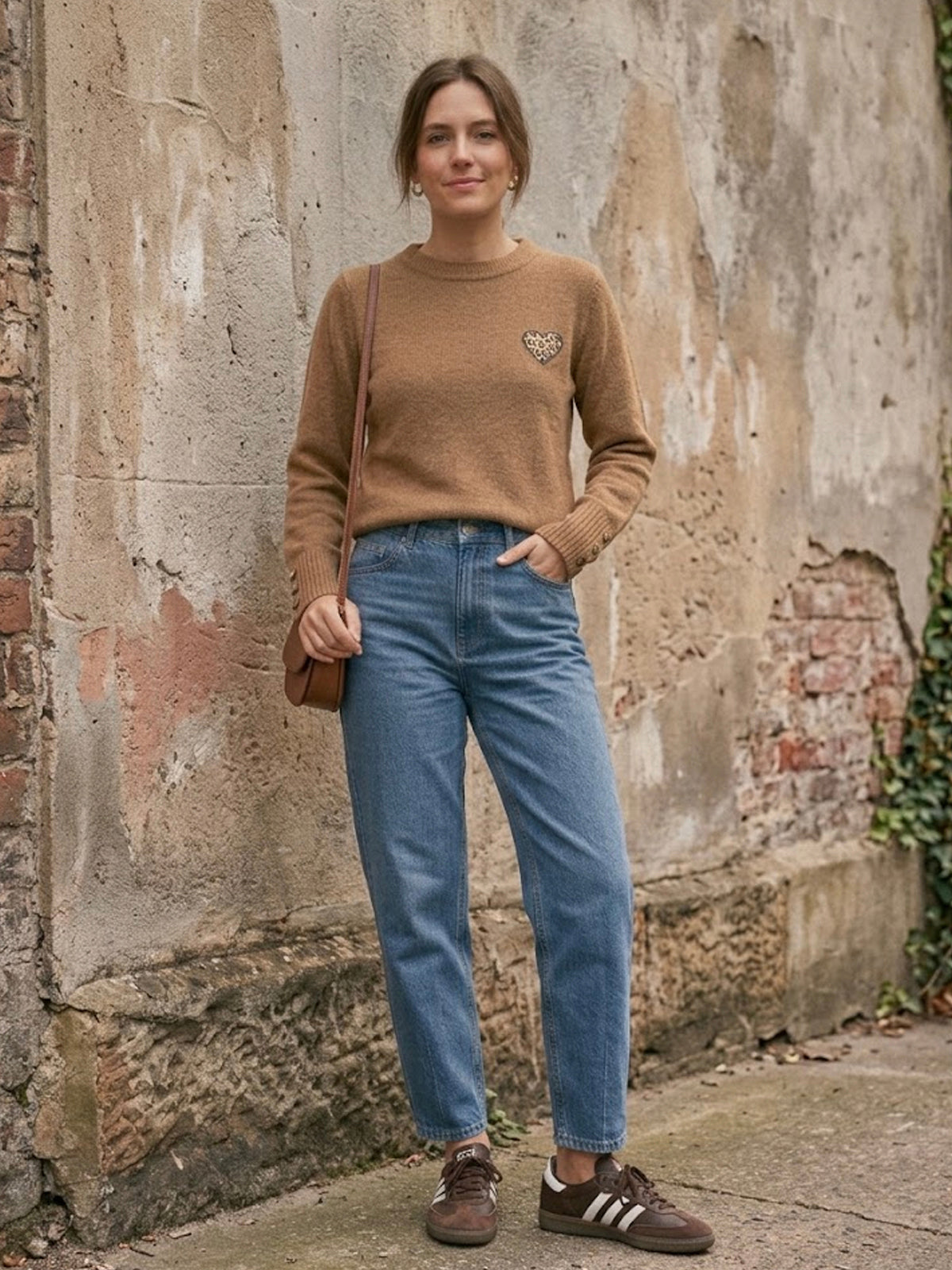 Embroidered Heart Motif Knit Jumper Toasted Coconut