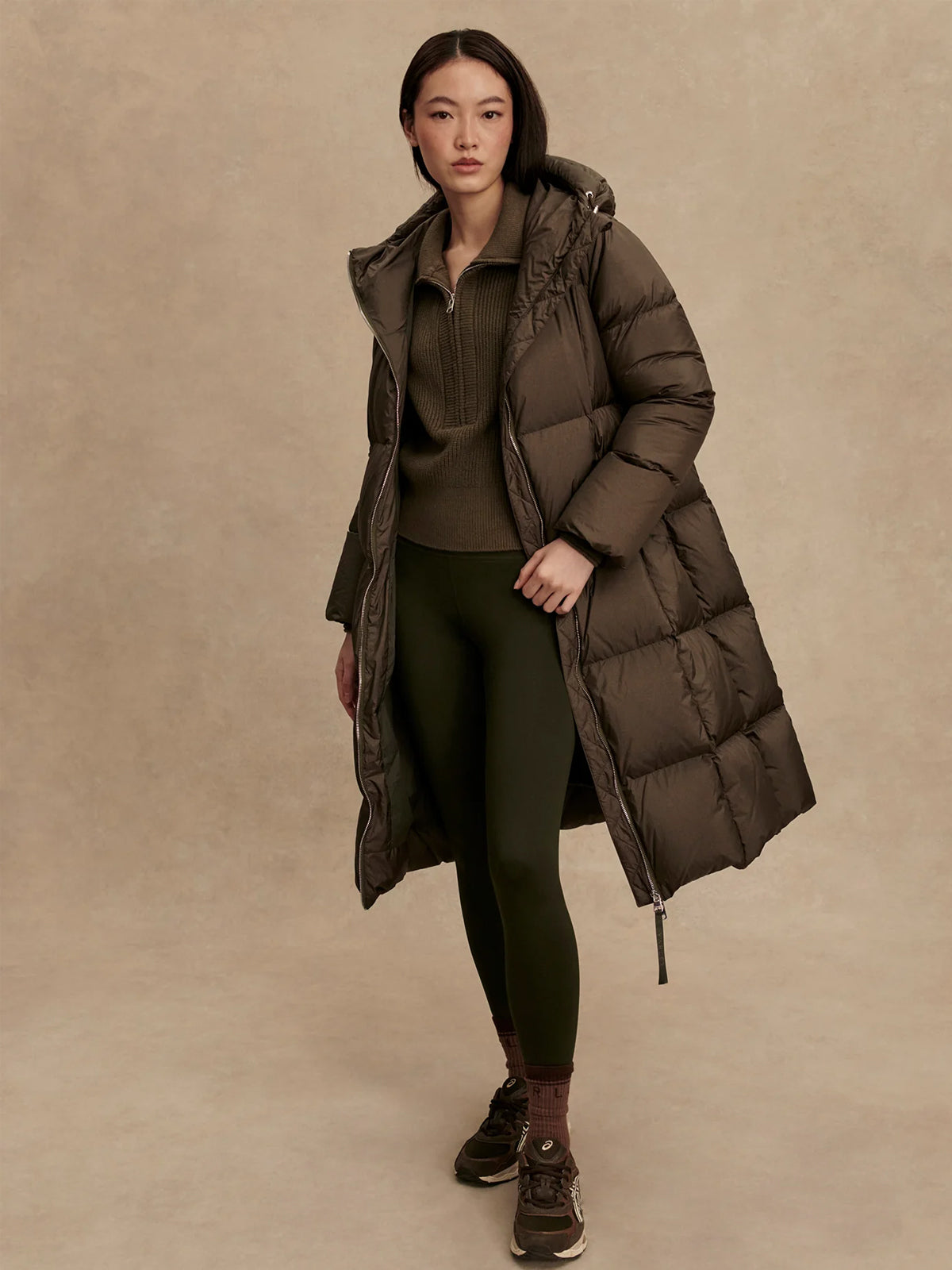 Varley Katya Long Down Puffer Jacket Dark Olive Metallic