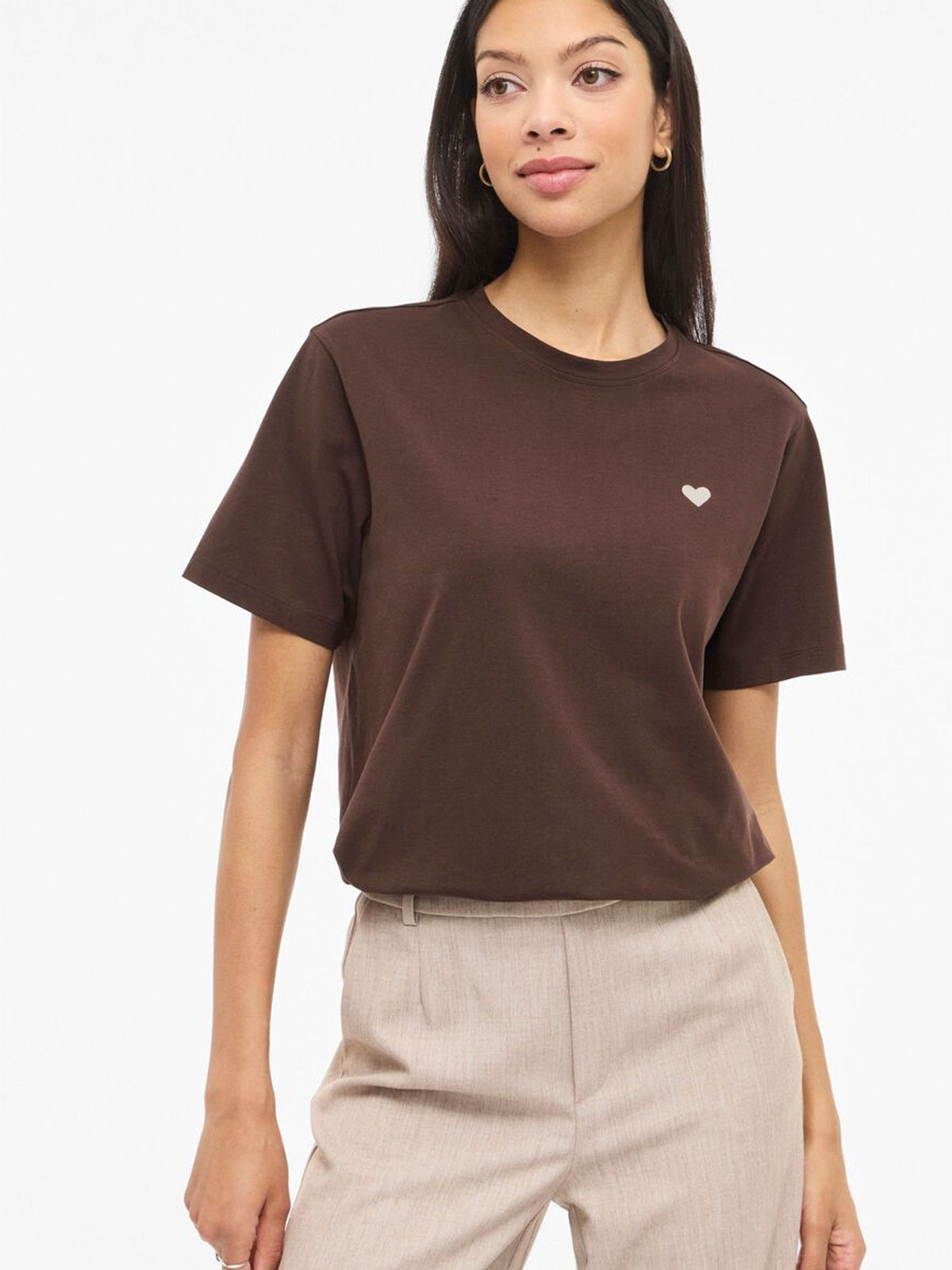 Vila Embroidered Heart Tee Coffee Bean