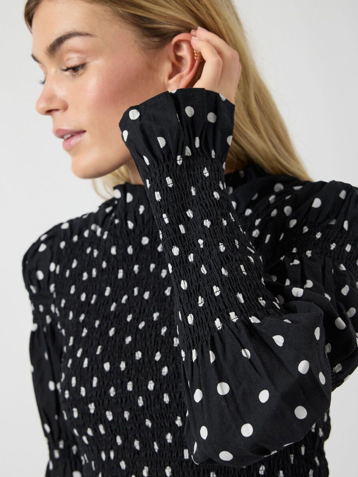 Polka Dot Shirred Blouse Black