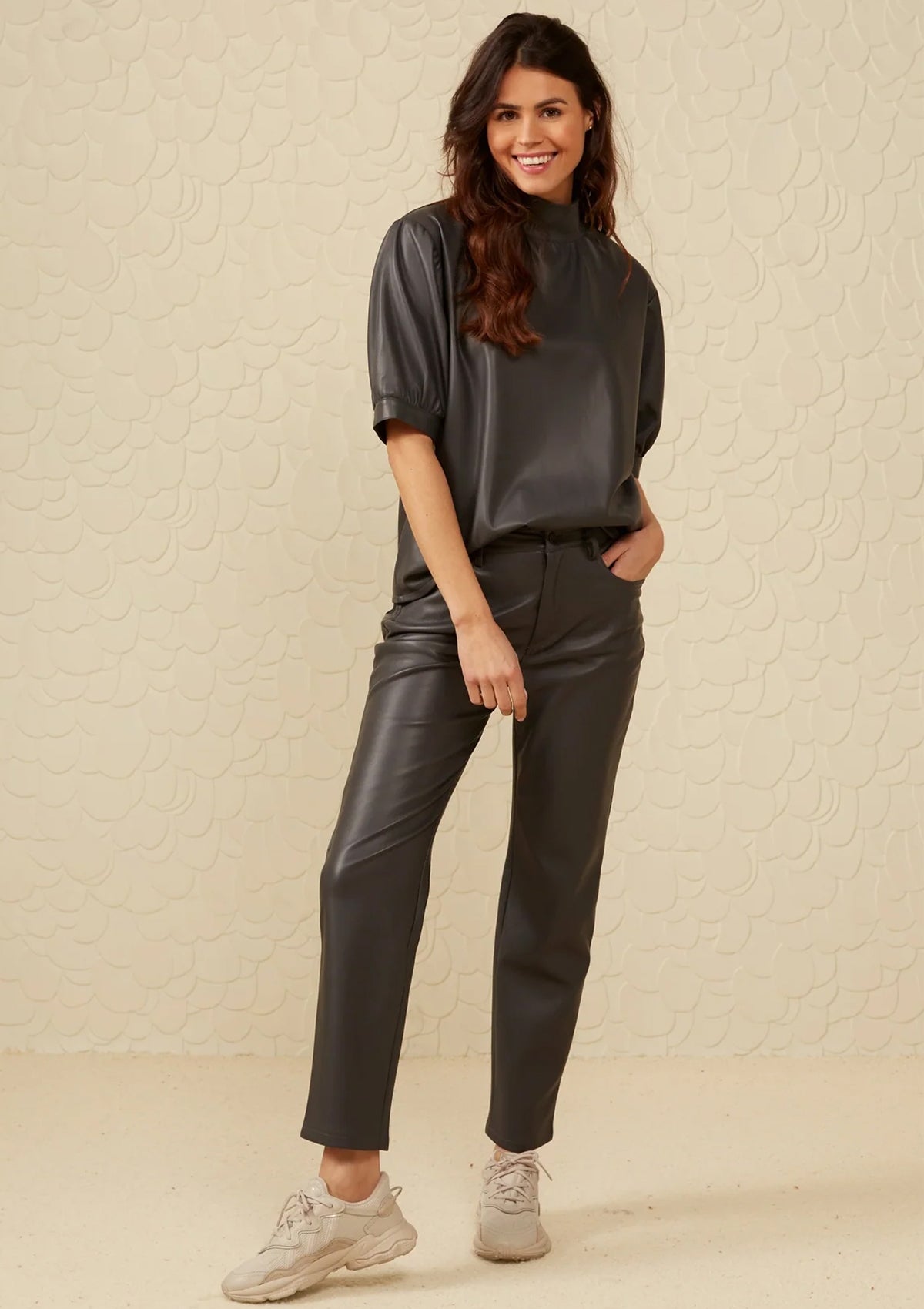 YAYA Faux Leather Trousers With 5 Pocket Style Grey