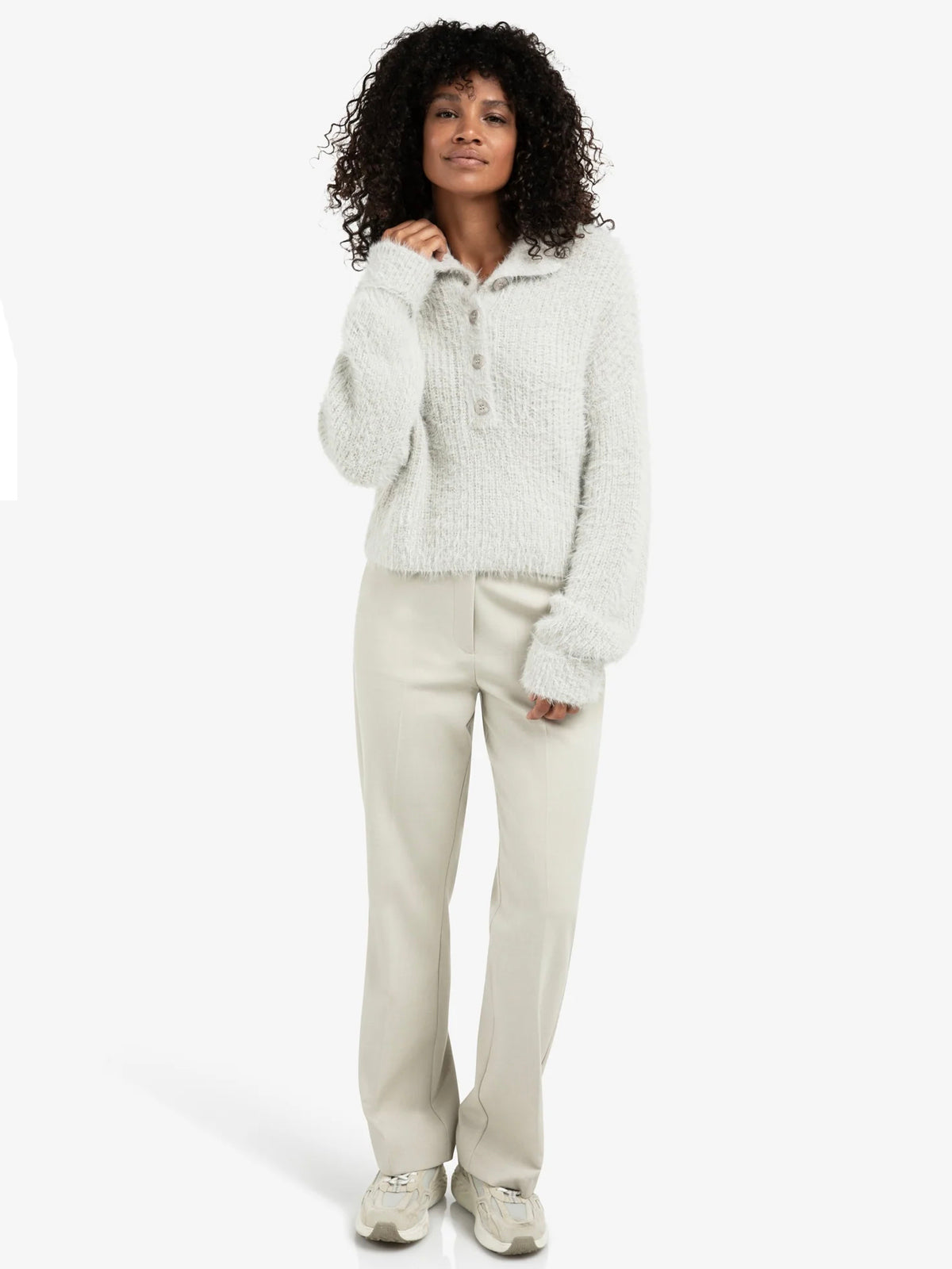 YAYA Fluffy Cropped Sweater With Stand Up Collar