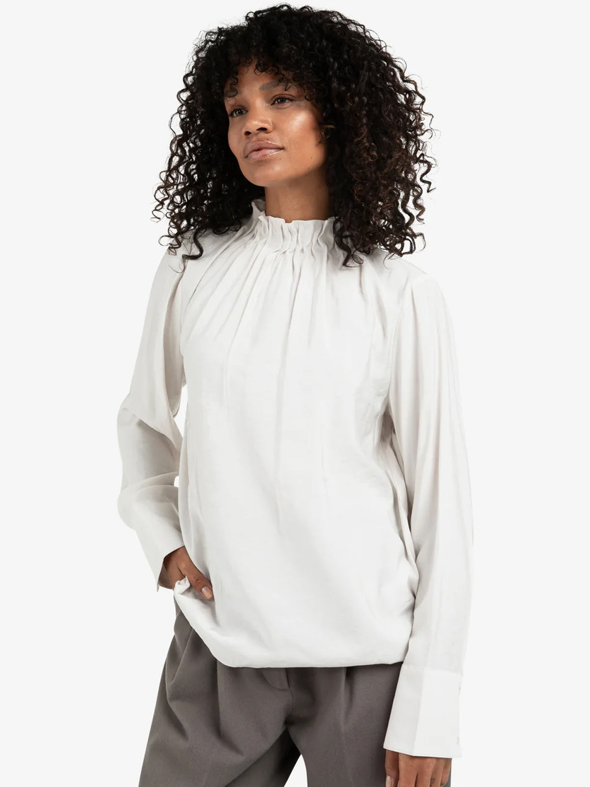 YAYA Ruffled High Neck Top White