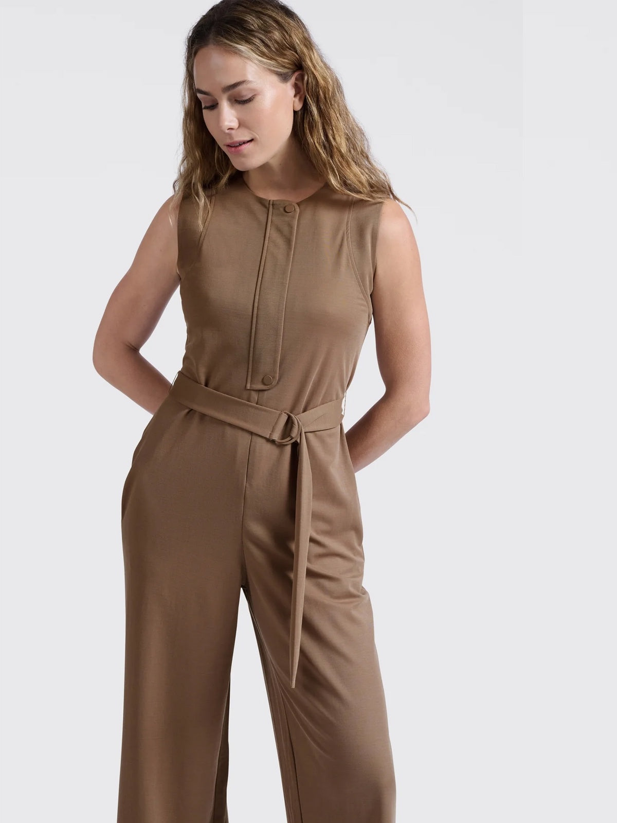 YAYA Jersey Jumpsuit With Tie Belt Brown