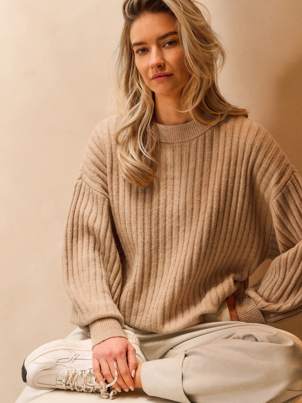 Yaya Ribbed Long Sleeve Sweater Camel