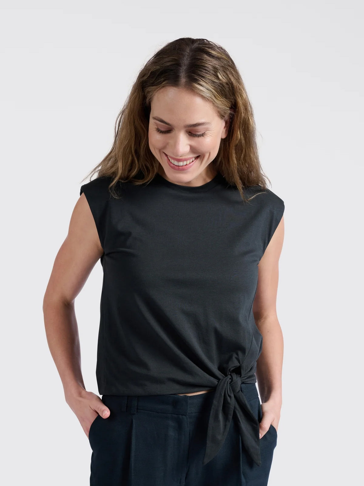Yaya Sleeveless Top with Knot Detail Washed Black