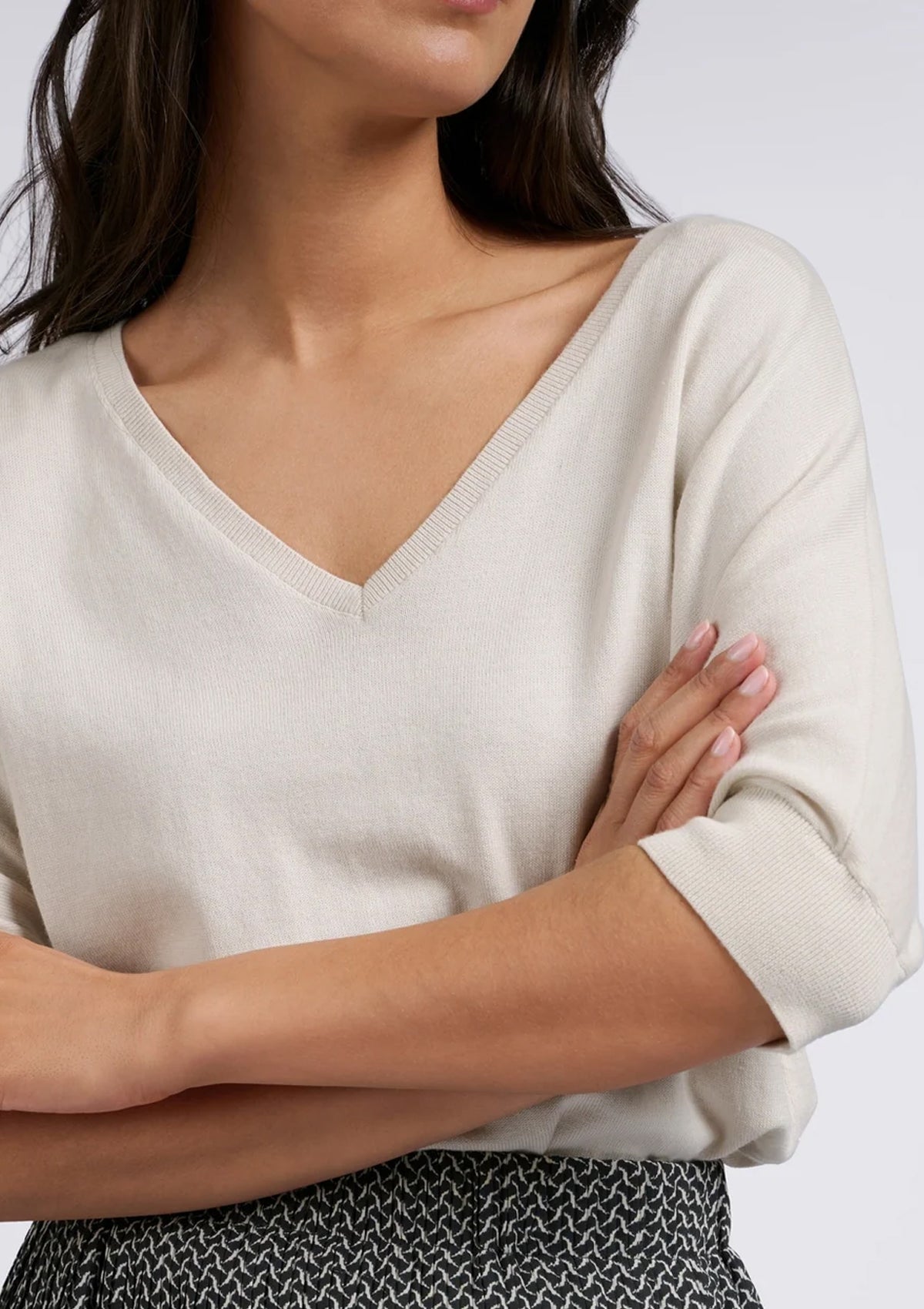 Yaya Soft V-Neck Sweater With Half Sleeves Chalk White