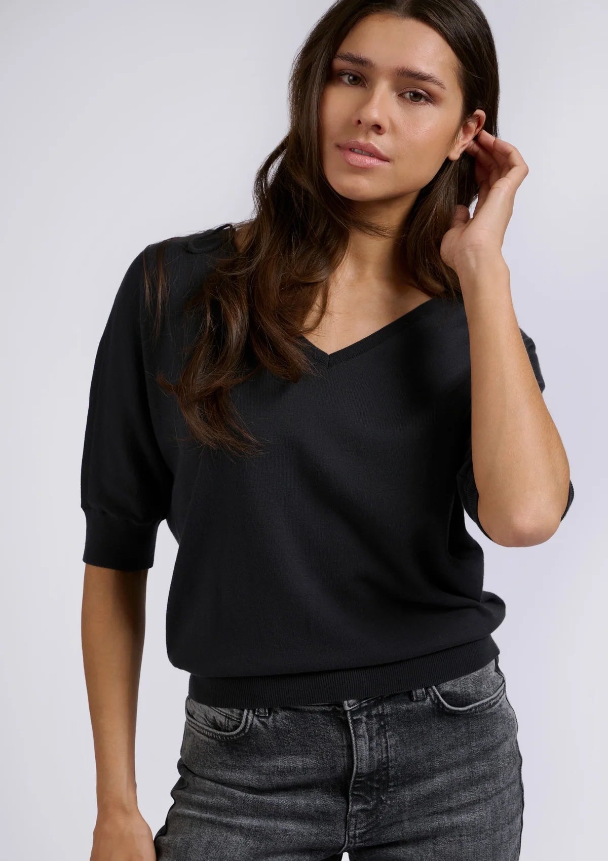 Yaya Soft V-neck Sweater With Half Sleeves Anthracite