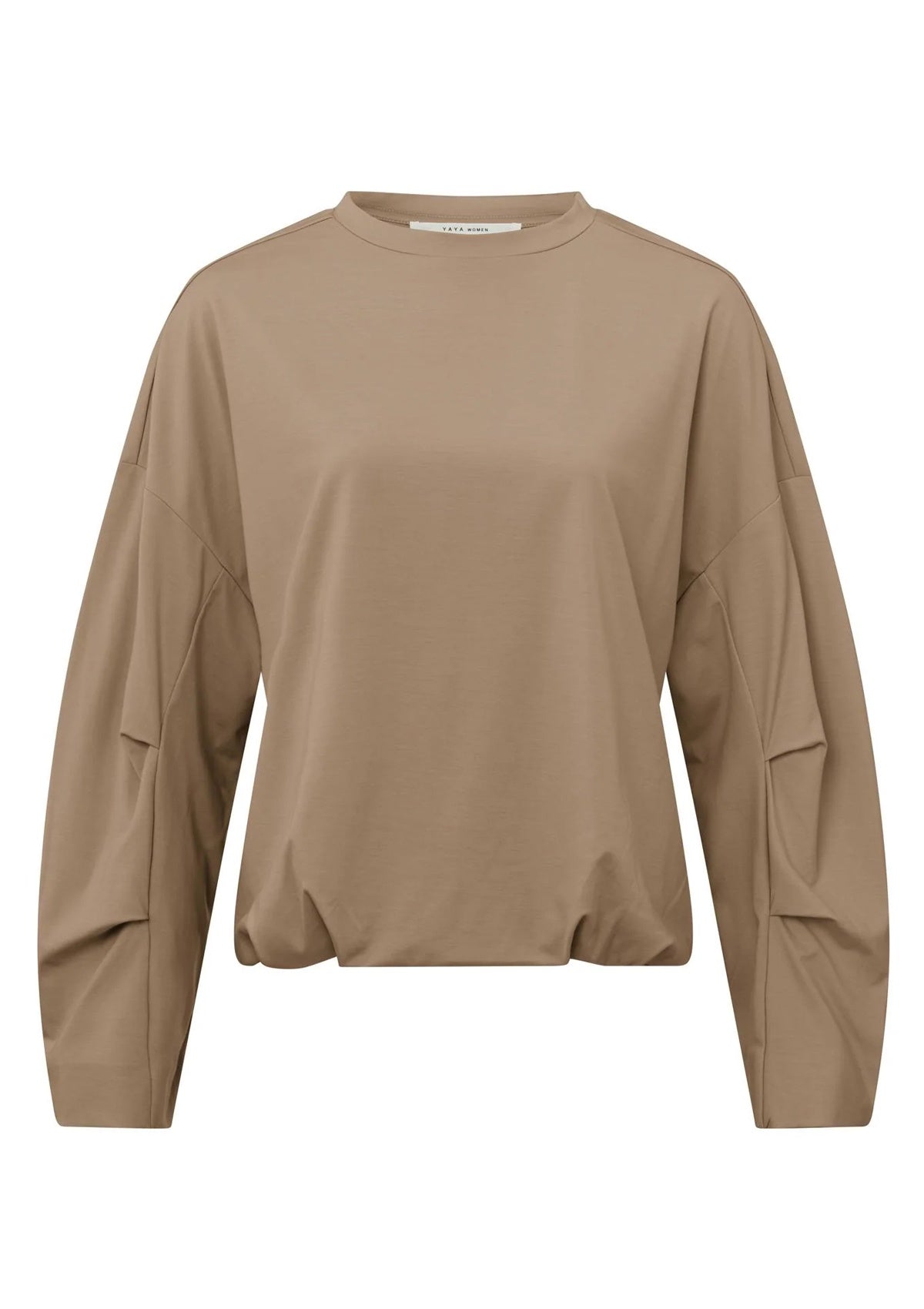 YAYA Top With Crewneck, Long Sleeves & Pleated Details Affogato Brown