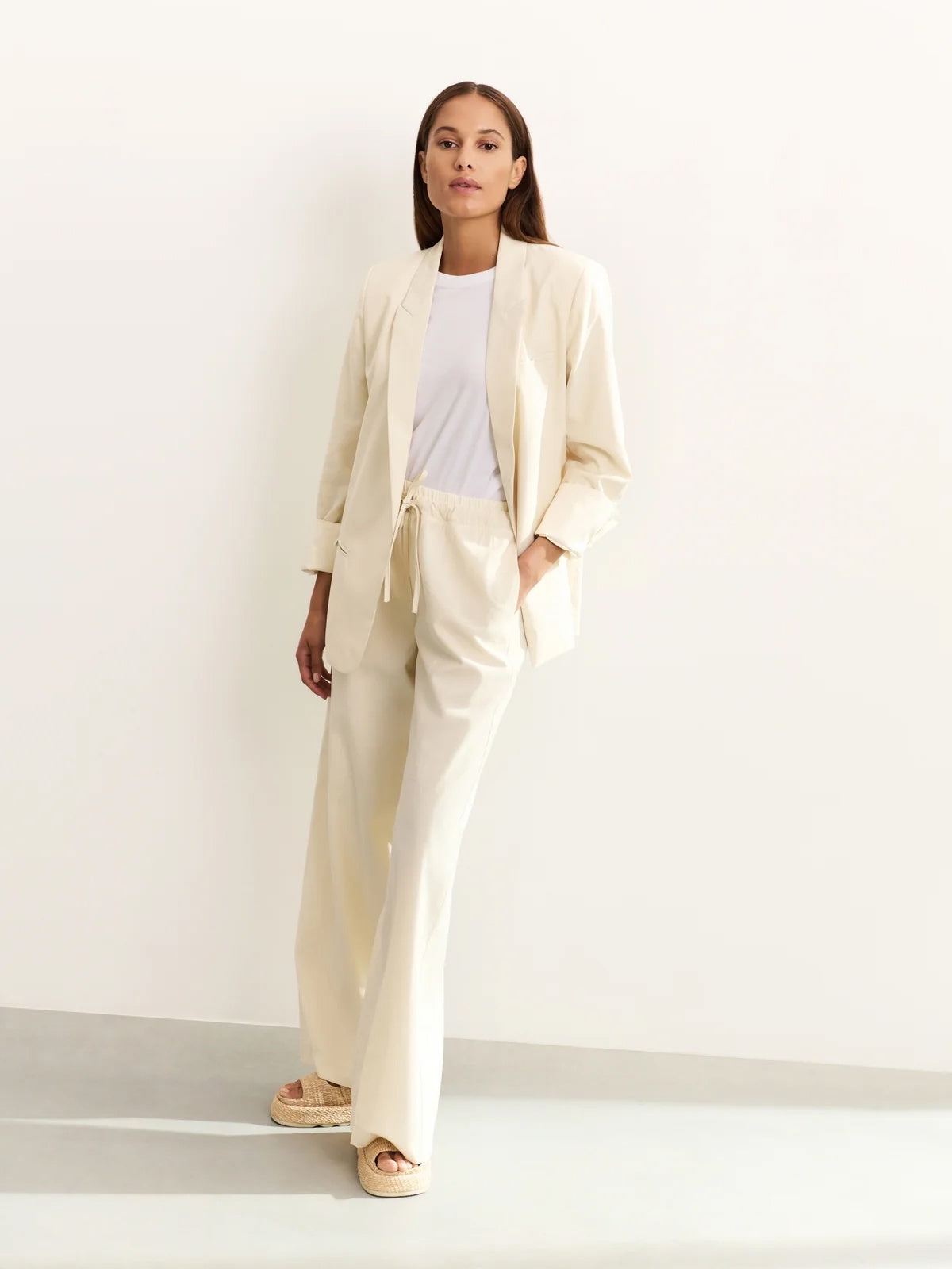 Yaya Woven Wide Leg Trousers With Satin Waistband