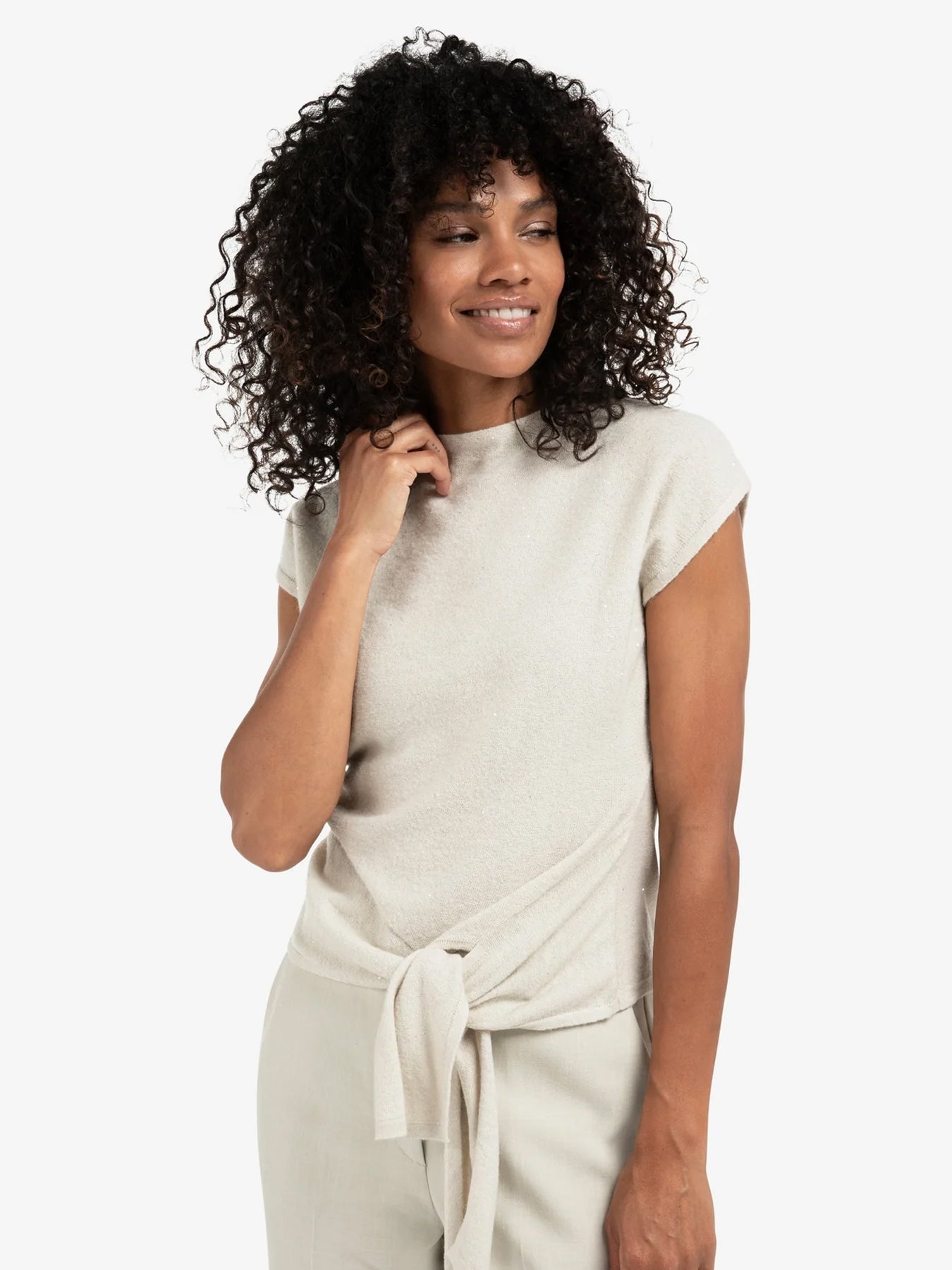 YAYA Sleeveless Sequin Sweater With Knot Detail Cloud Grey