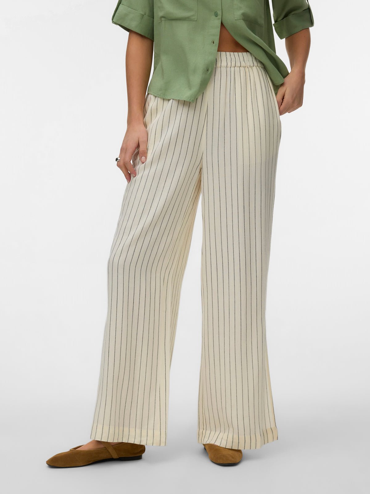 AWARE Stripe Wide Leg Trousers Soft White - Glebe Fashion