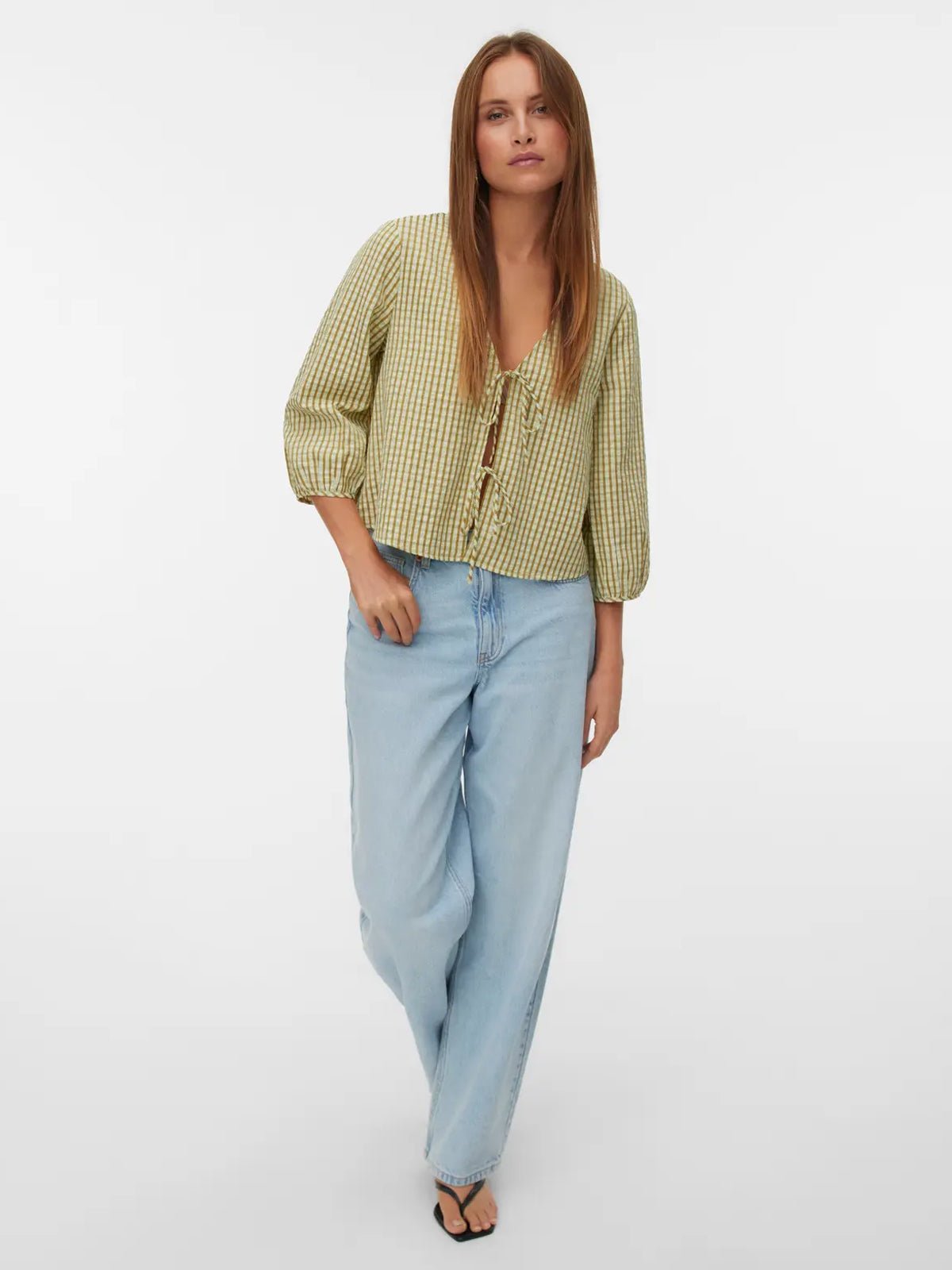 Camilla Gingham Tie Front Top Green - Glebe Fashion