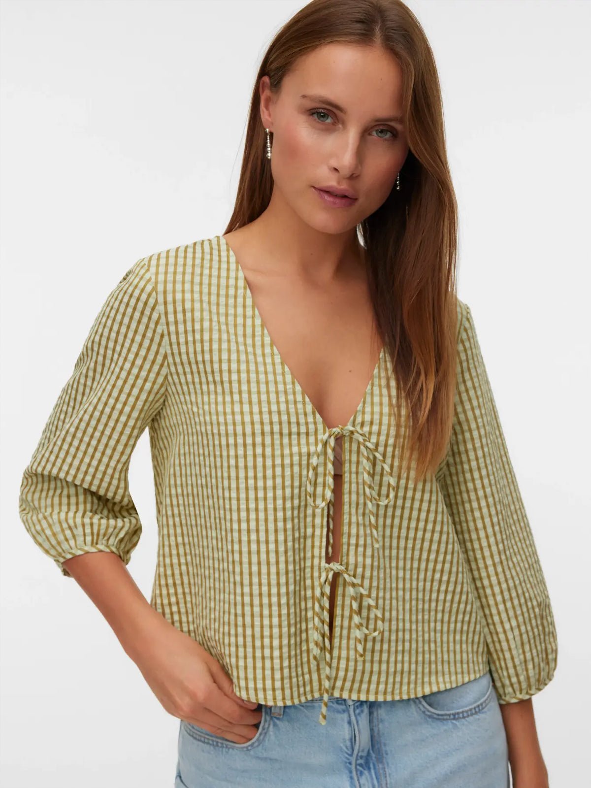 Camilla Gingham Tie Front Top Green - Glebe Fashion