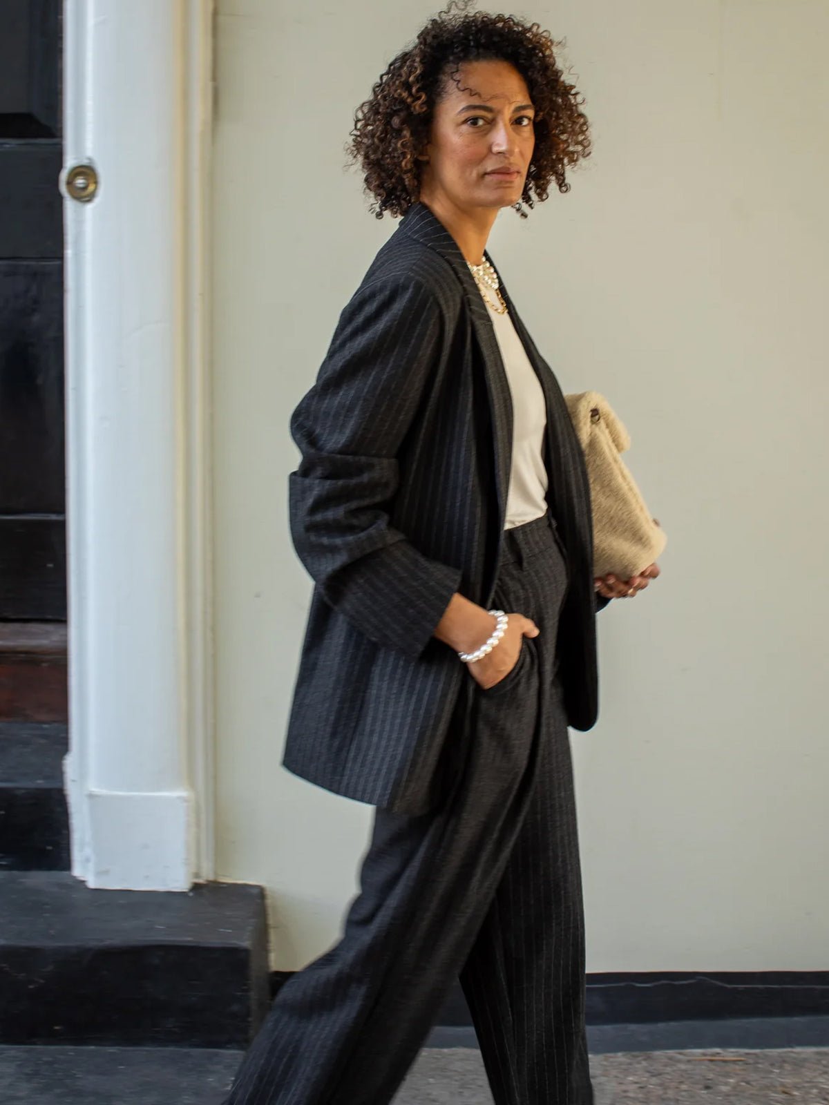 Chalk Drew Blazer Dark Charcoal Pinstripe - Glebe Fashion
