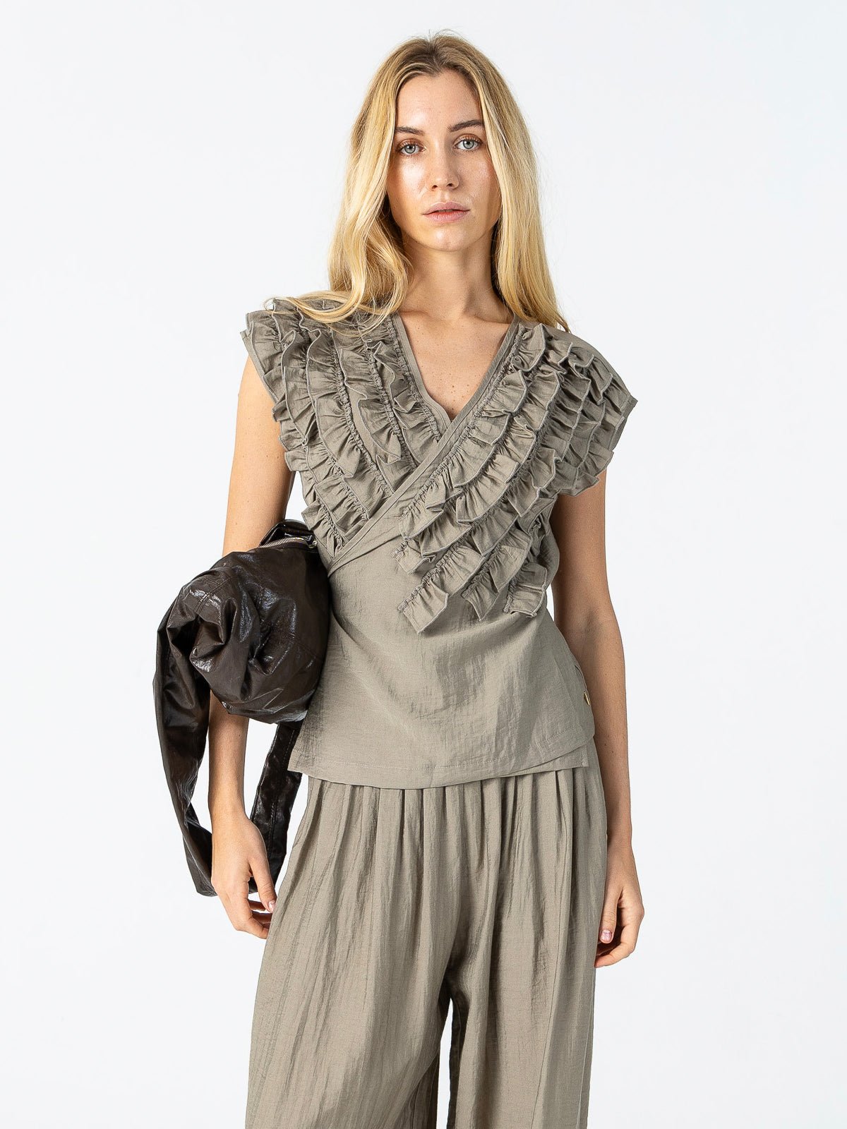 Coster Copenhagen Wrap Ruffle Top Sage Green - Glebe Fashion